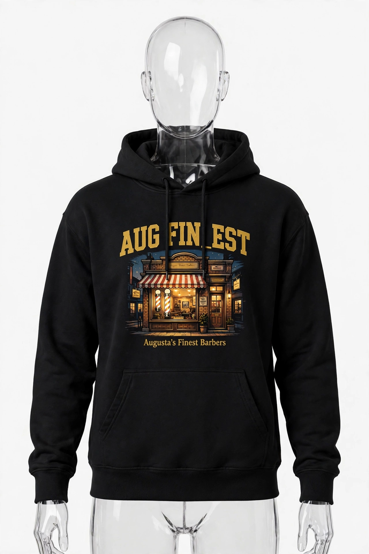 Black Aug Fin_Est barber hoodie with a detailed barbershop storefront and Augusta’s Finest Barbers lettering