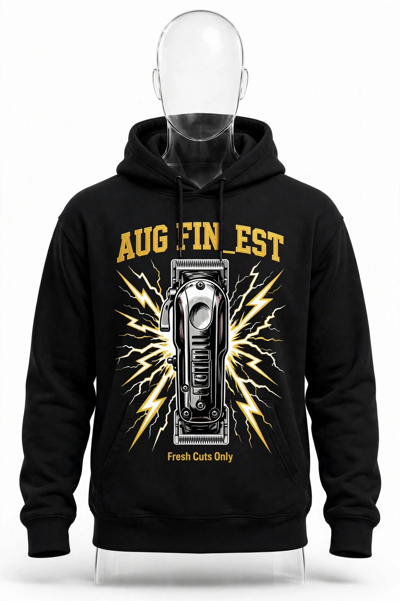 Black Aug Fin_Est barber hoodie with electric clippers, lightning bolts and Fresh Cuts Only lettering