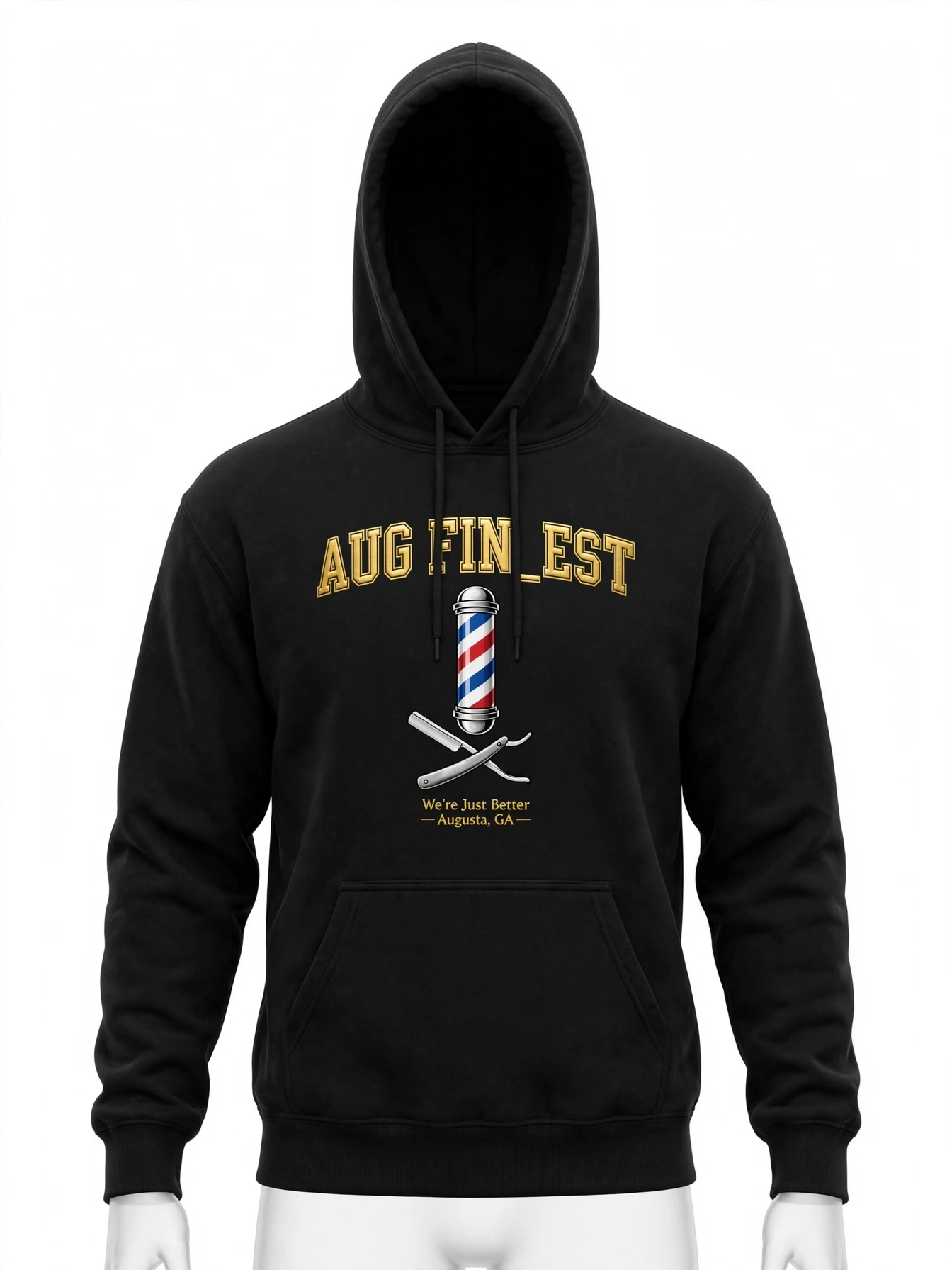 Black Aug Fin_Est barber hoodie with a barber pole, crossed straight razors and We’re Just Better Augusta Georgia lettering