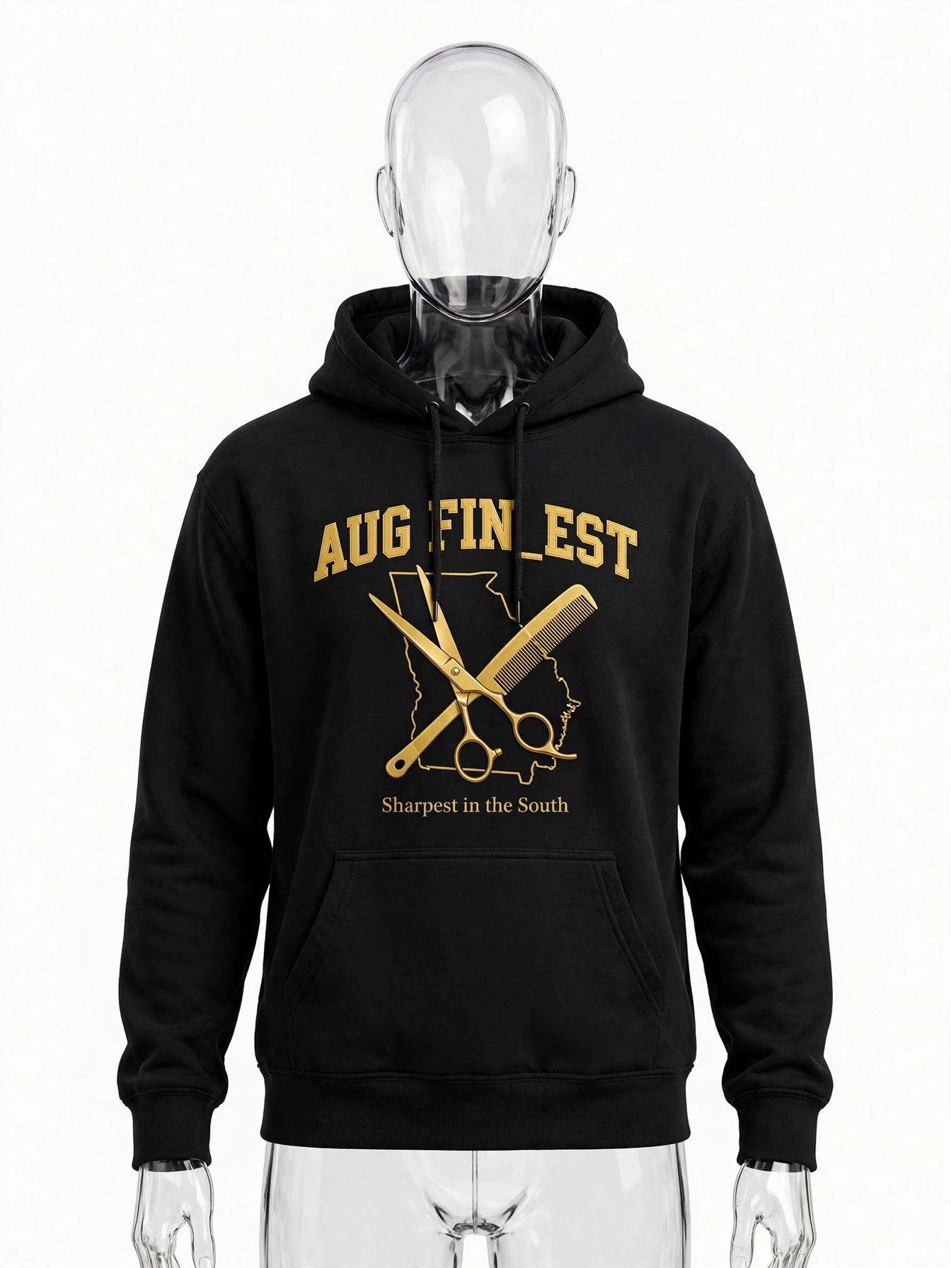 Black Aug Fin_Est barber hoodie with scissors and comb over a Georgia outline and Sharpest in the South lettering