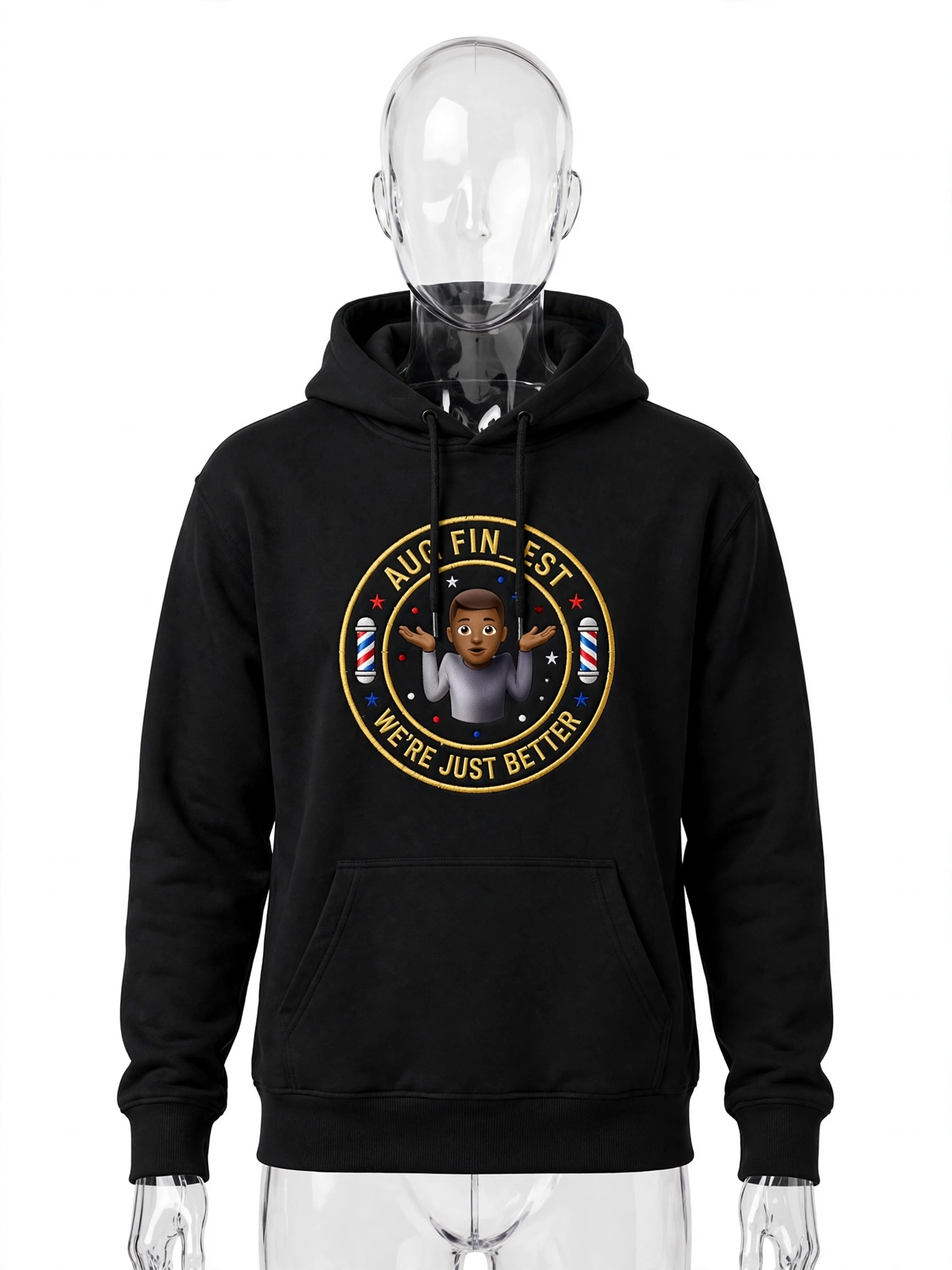 Black Aug Fin_Est barber hoodie with a circular barbershop badge, shrug emoji, barber poles and We’re Just Better lettering
