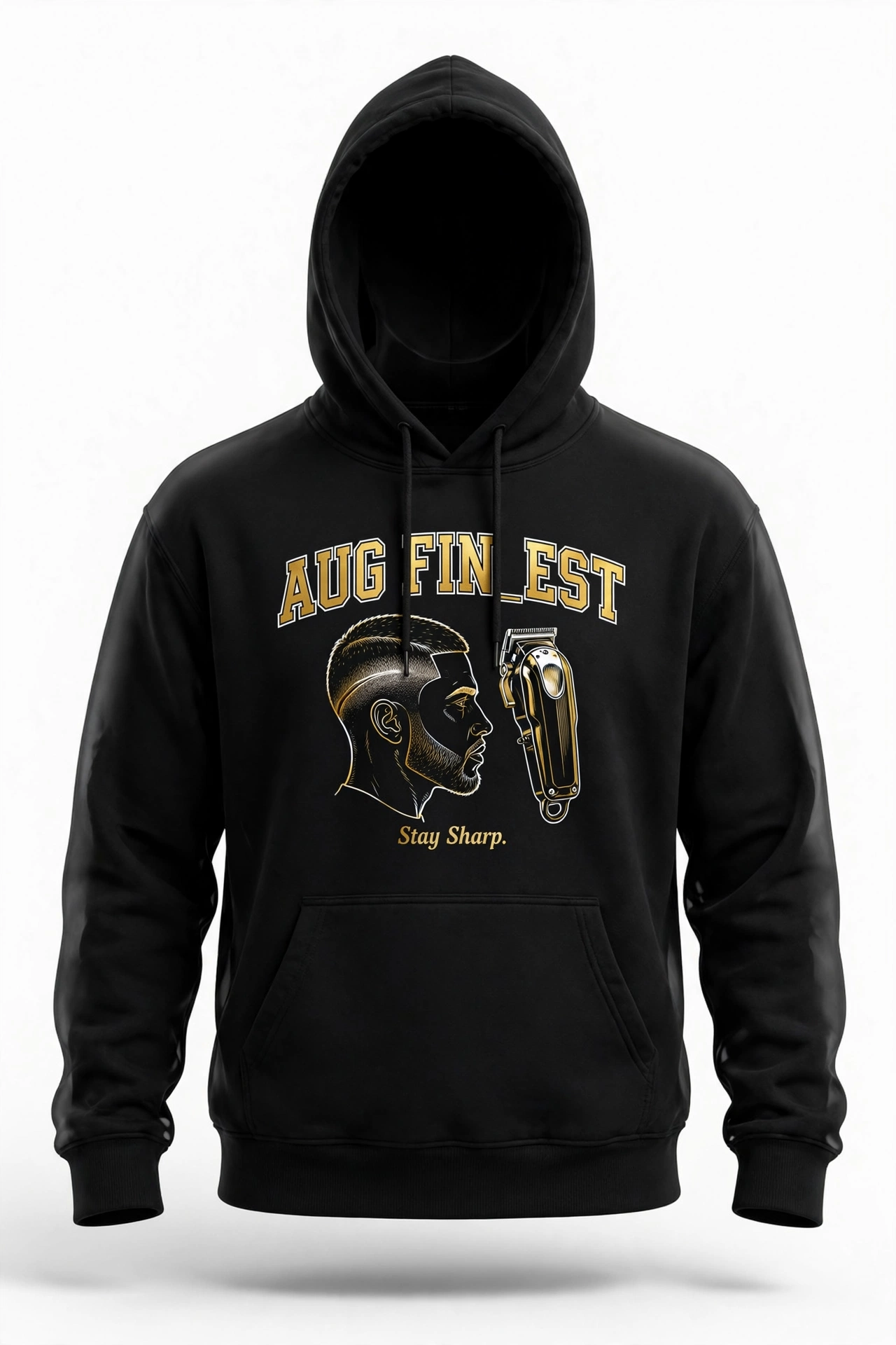 Black Aug Fin_Est barber hoodie with a fade haircut silhouette and Stay Sharp lettering
