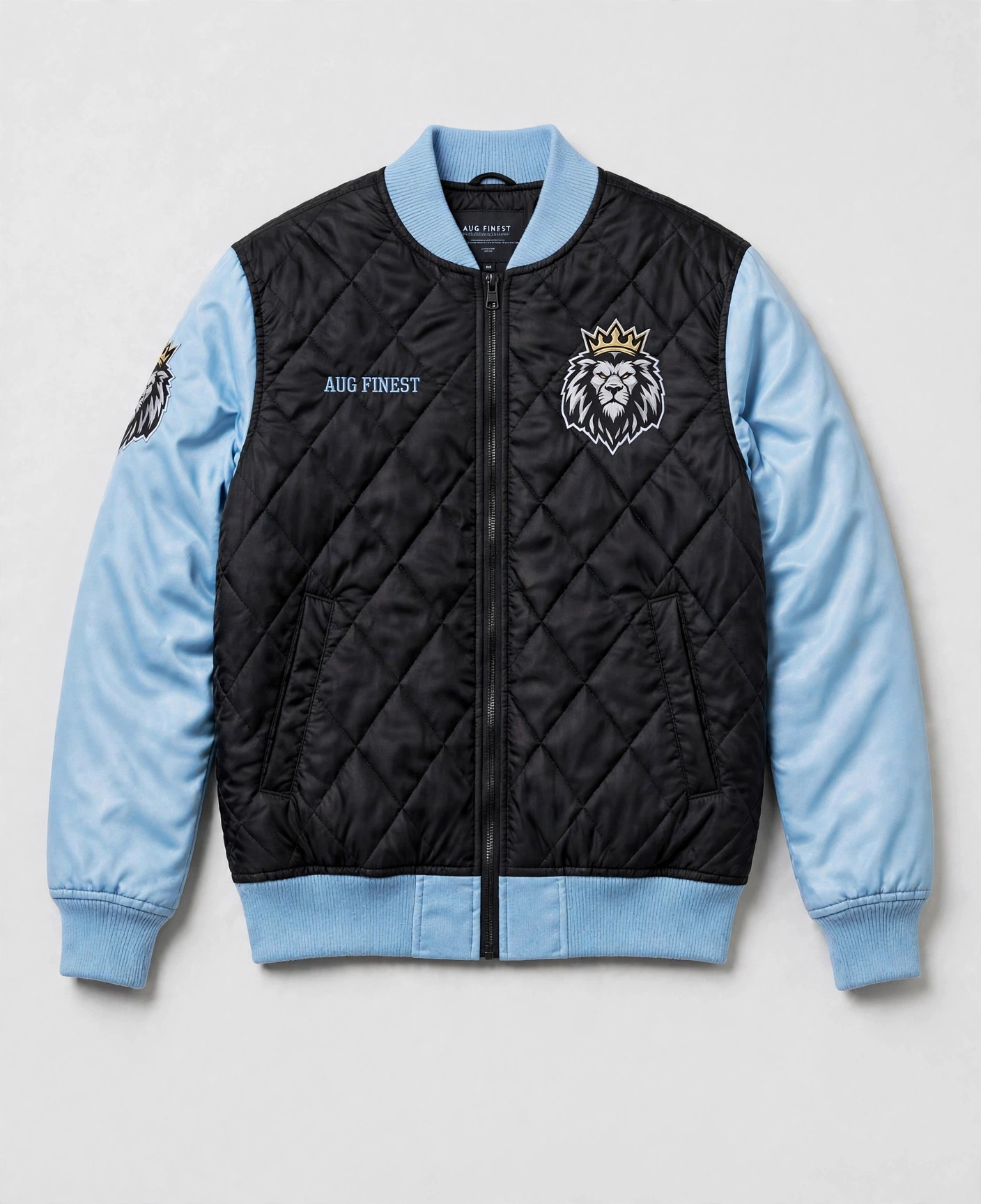 Front of black quilted polyester Aug Fin_Est bomber jacket with light sky blue sleeves and an embroidered crowned lion chest emblem
