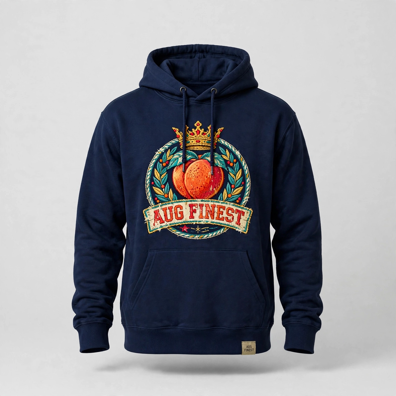 Navy Aug Fin_Est hoodie with colorful peach chest graphic