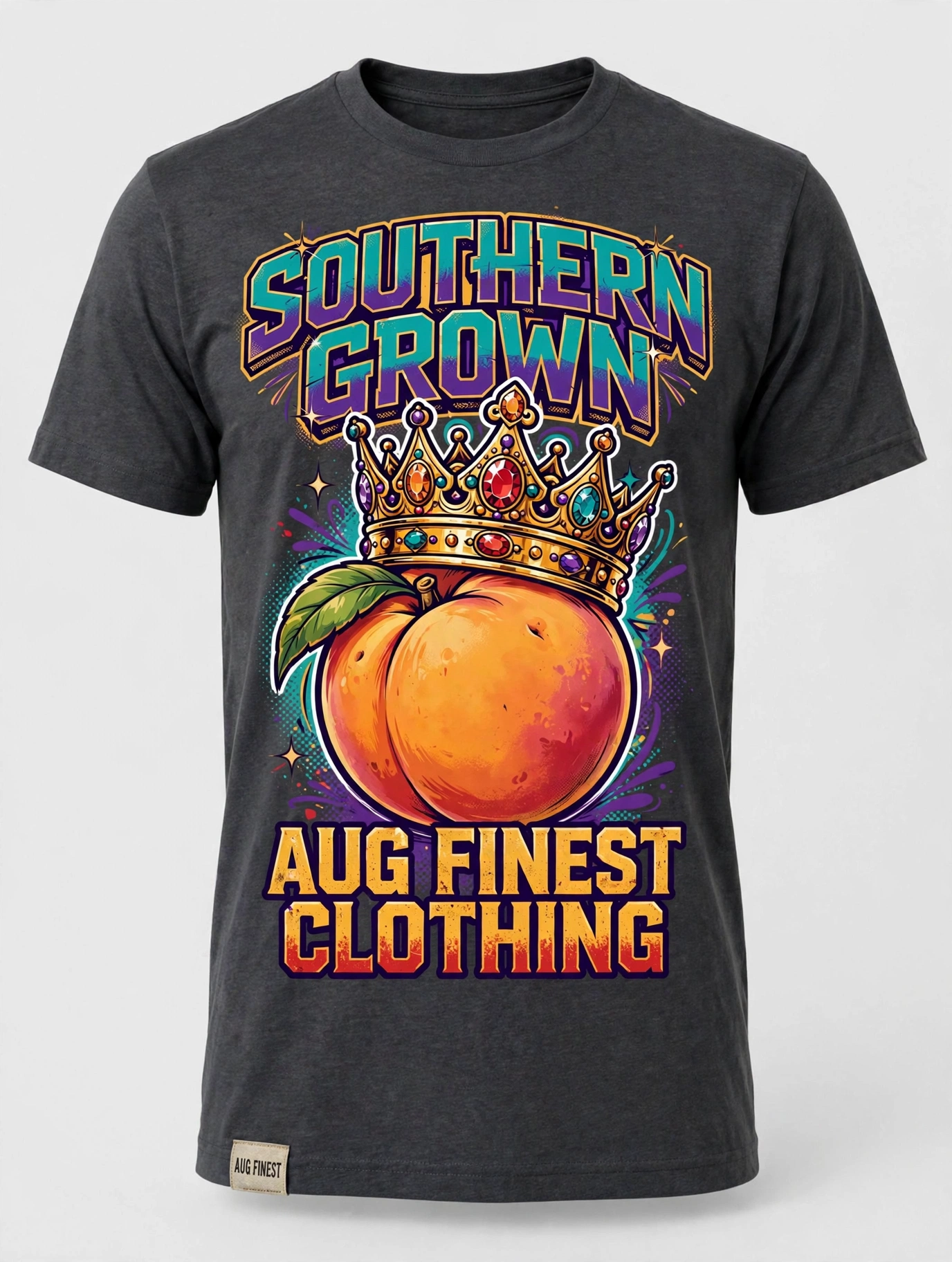 Charcoal Aug Fin_Est T-shirt with Southern Crown peach graphic