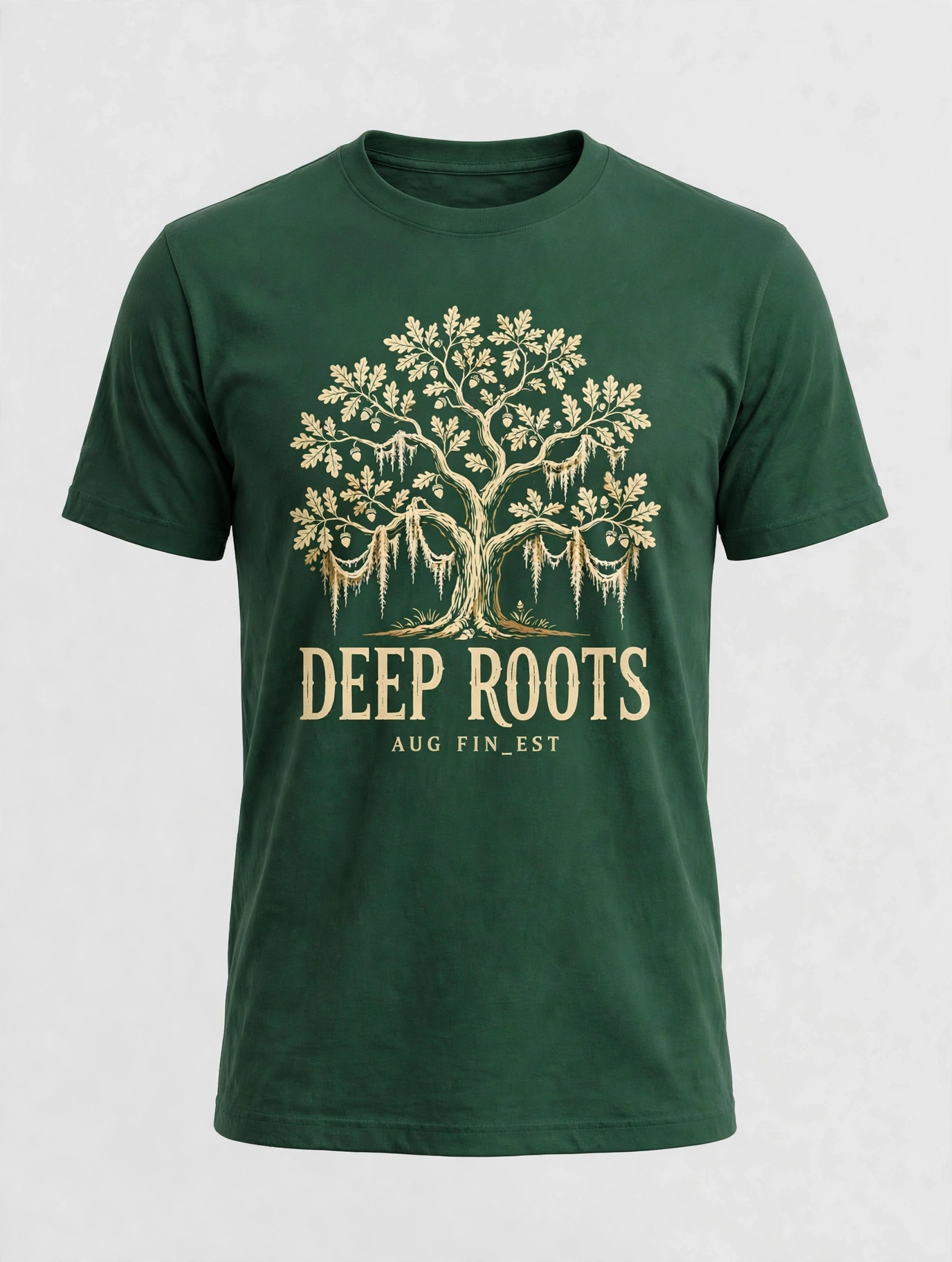 Forest green Aug Fin_Est T-shirt with a cream oak and Spanish moss graphic