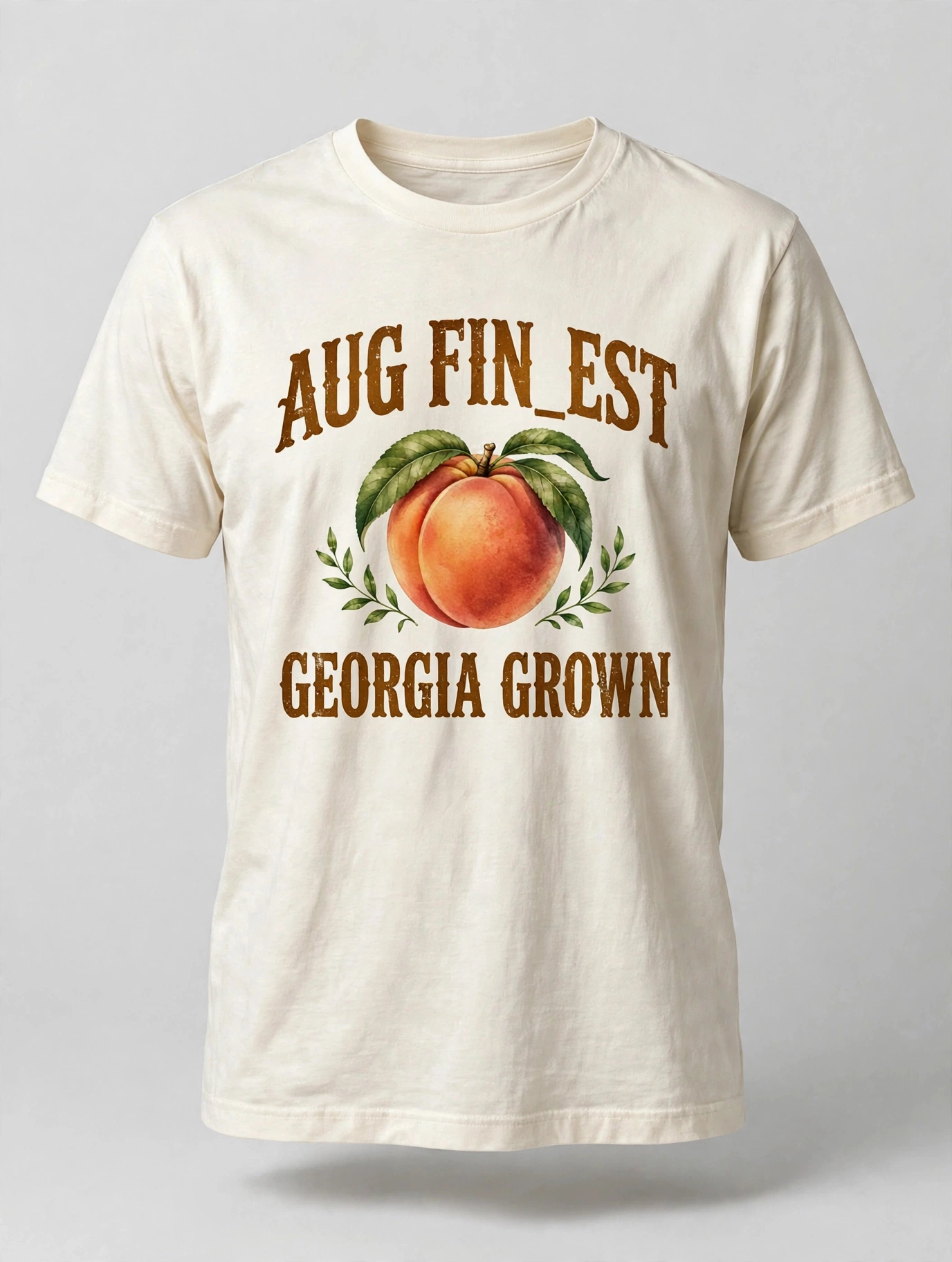Cream Aug Fin_Est T-shirt with a Georgia Grown peach graphic