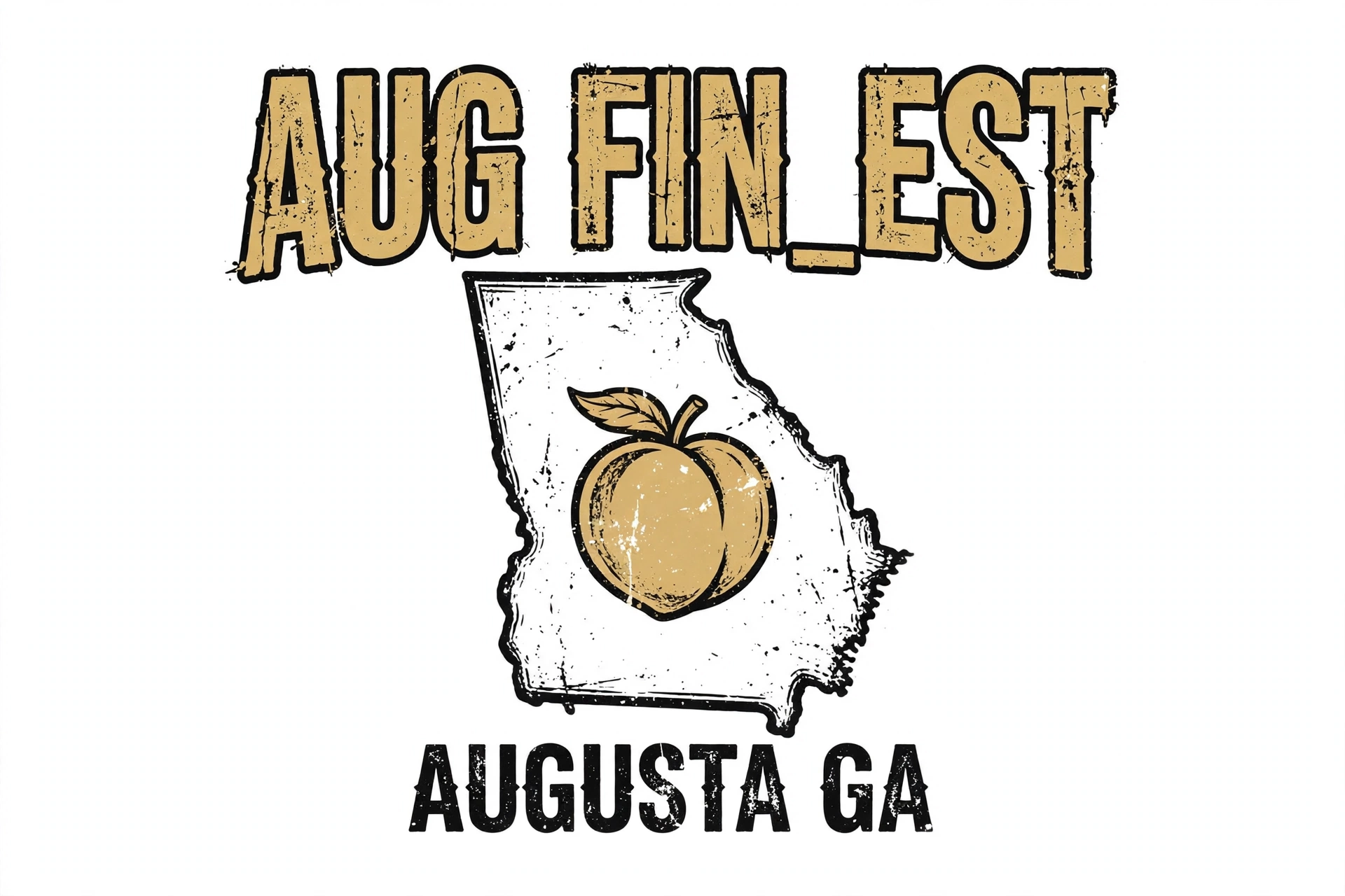 Aug Fin_Est graphic with a Georgia outline, peach and Augusta lettering