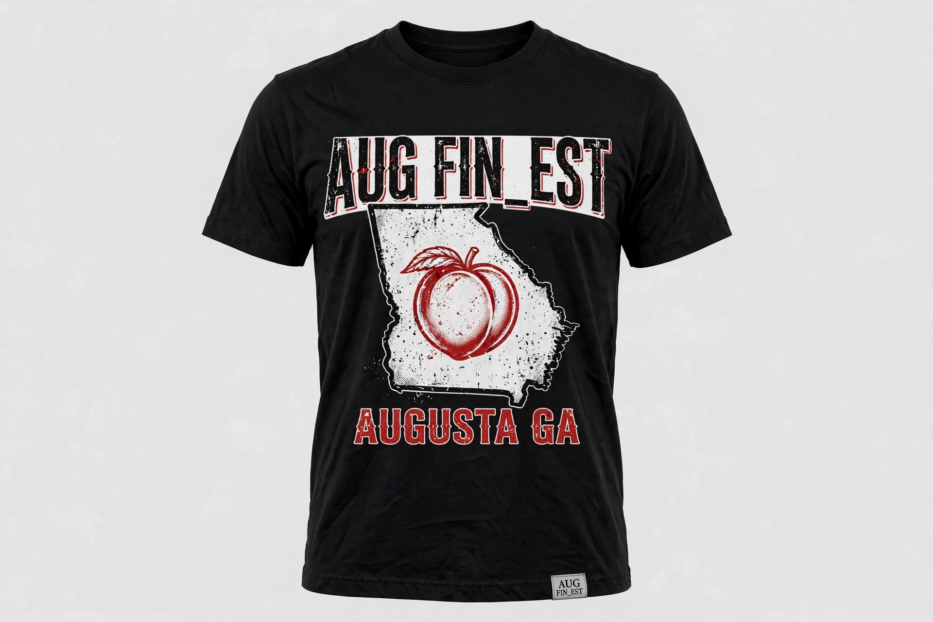 Black Aug Fin_Est T-shirt with a Georgia peach graphic and Augusta lettering