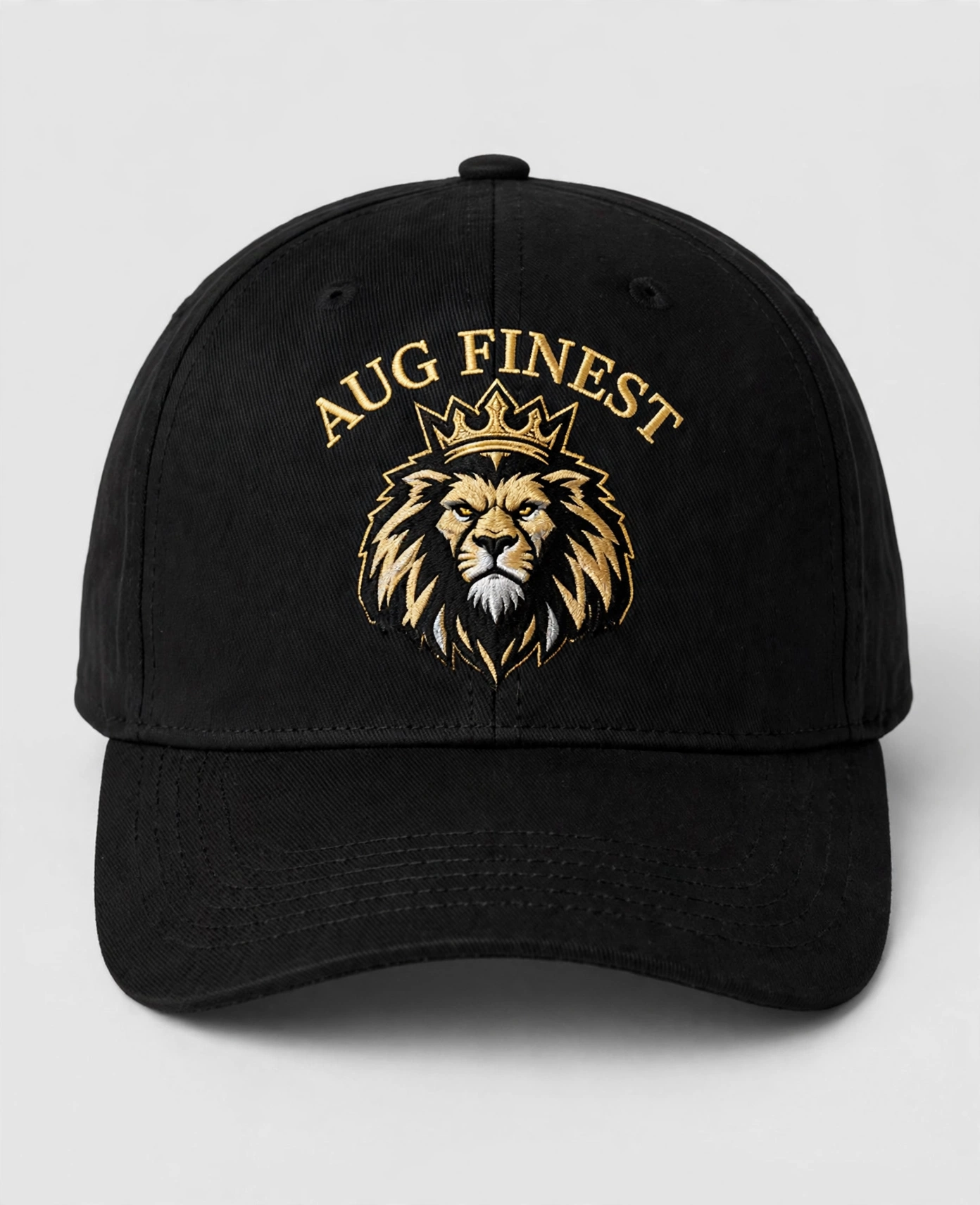 Black Aug Fin_Est fitted hat with an ornate gold crown emblem