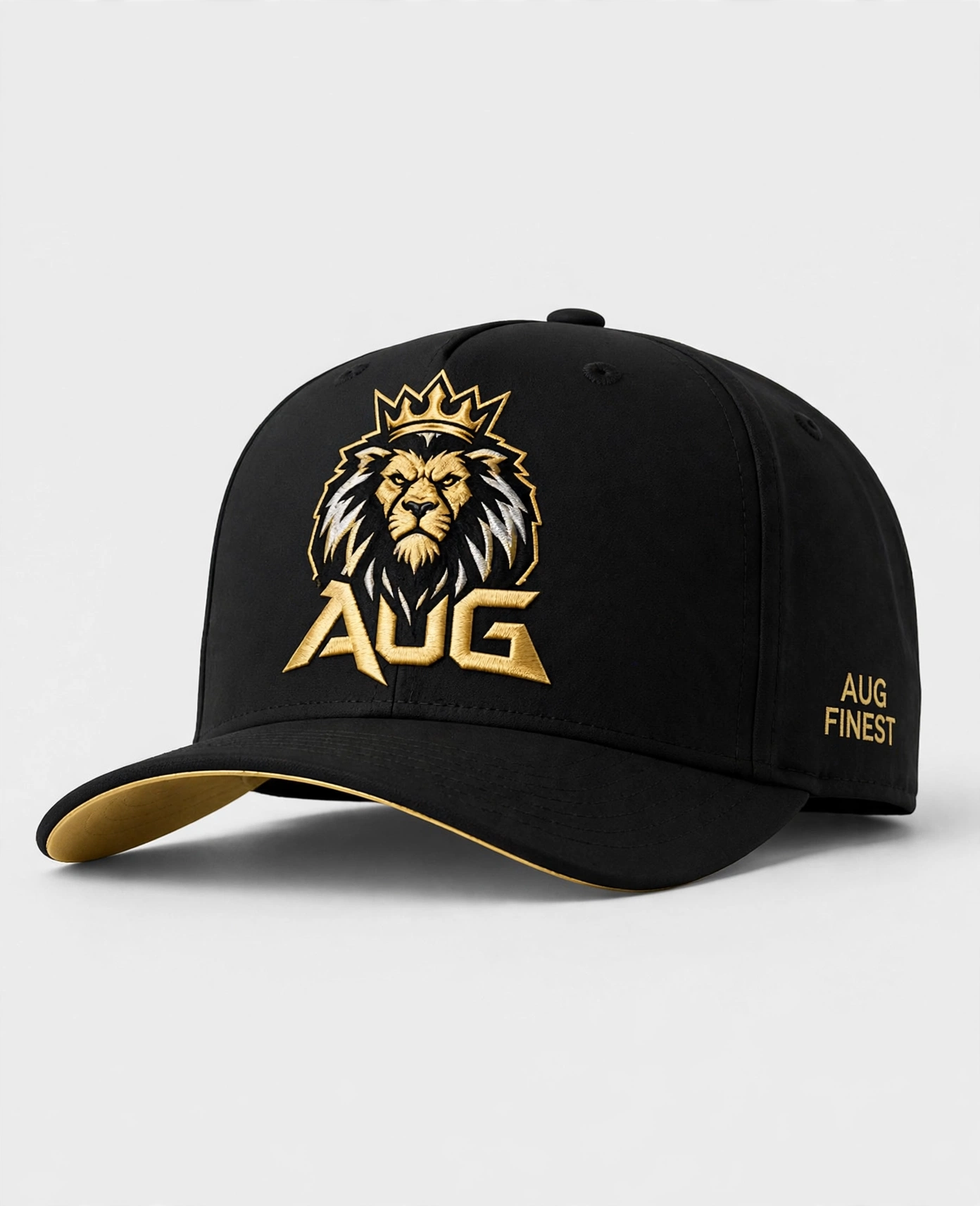 Black Aug Fin_Est fitted hat with a detailed gold heritage emblem