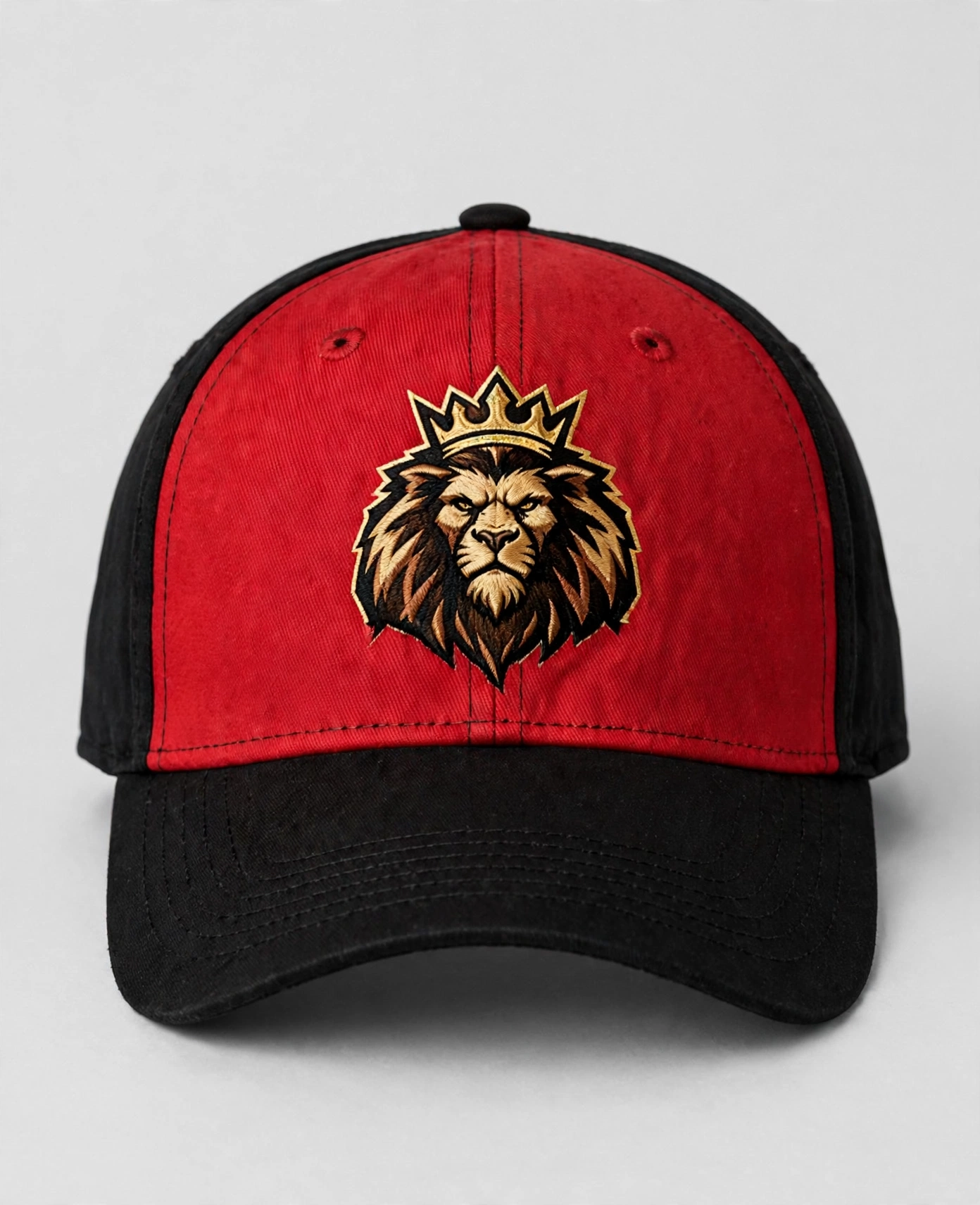 Red and black Aug Fin_Est fitted hat with a green and gold peach crest