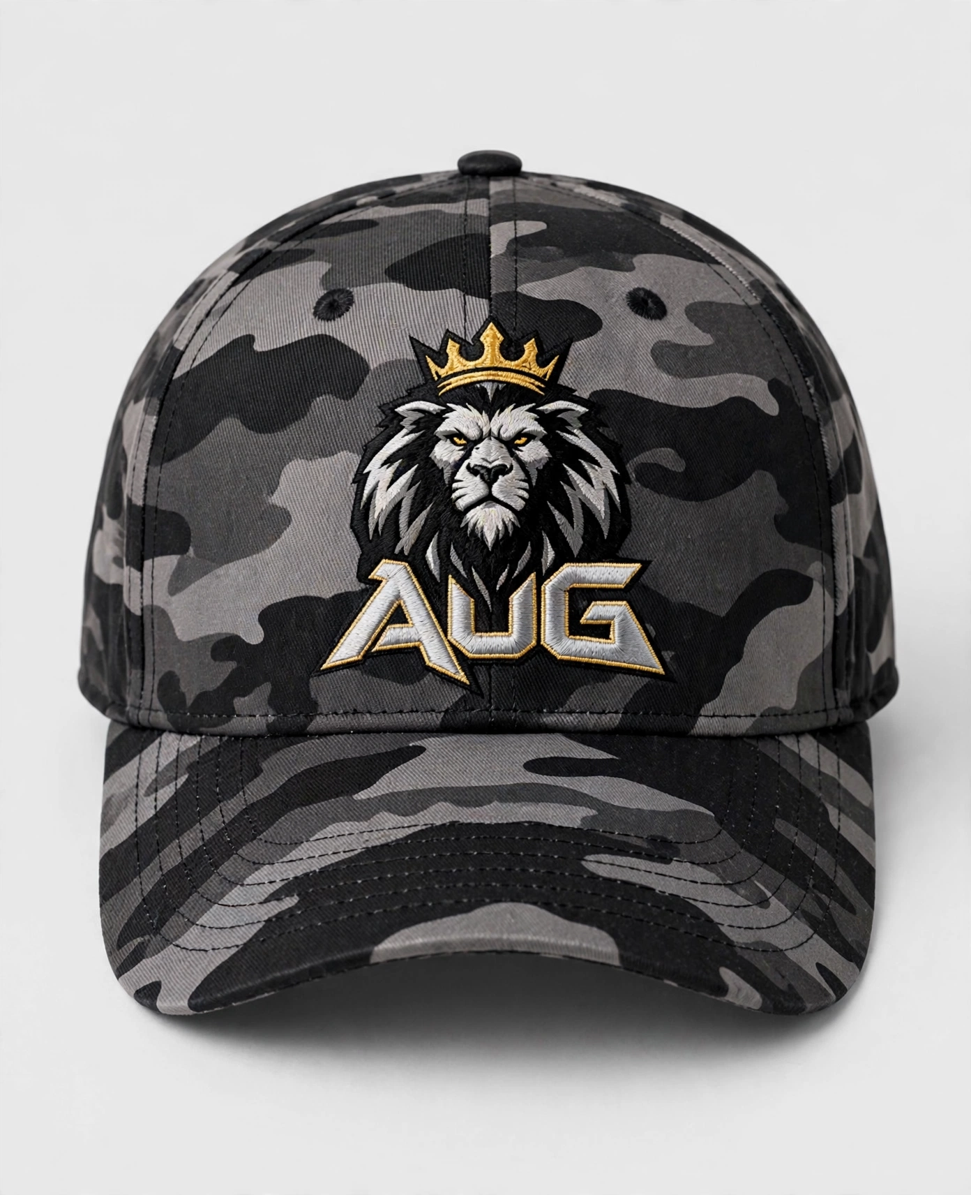 Black patterned Aug Fin_Est fitted hat with layered script artwork