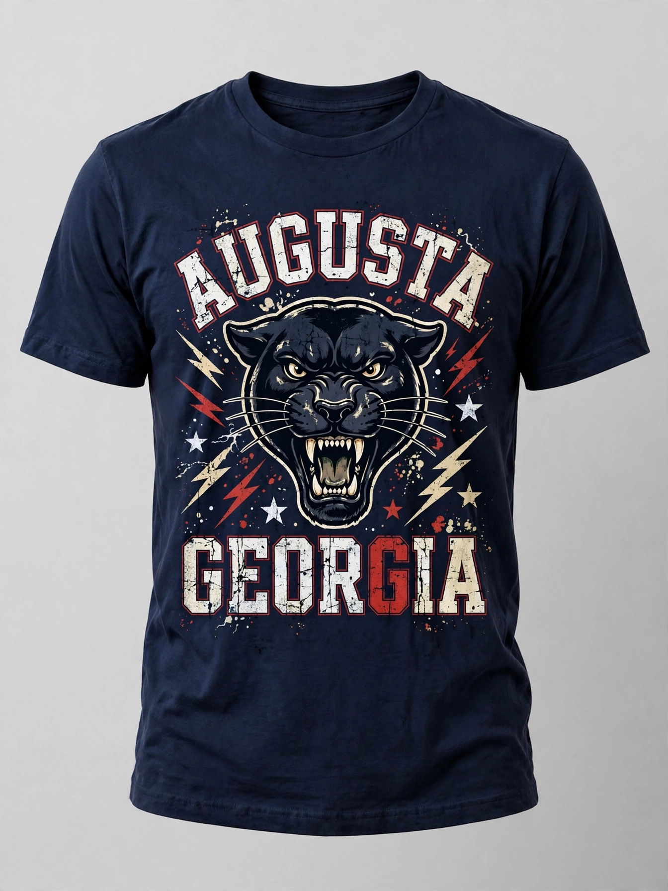 Navy Aug Fin_Est Augusta Georgia T-shirt with snarling panther, lightning and stars