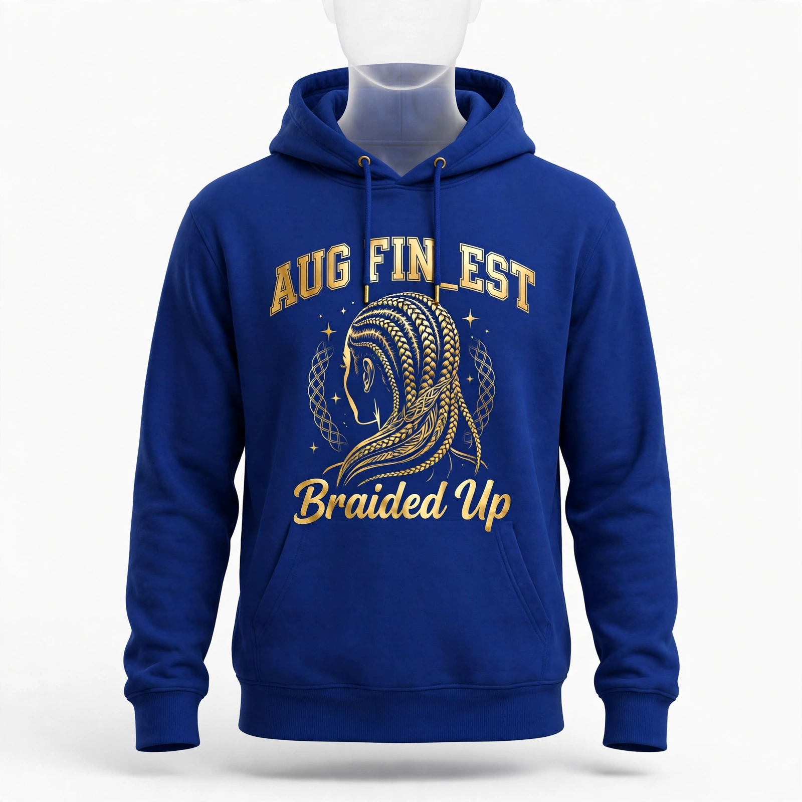 Royal blue Aug Fin_Est hair salon hoodie with braided cornrows and Braided Up lettering