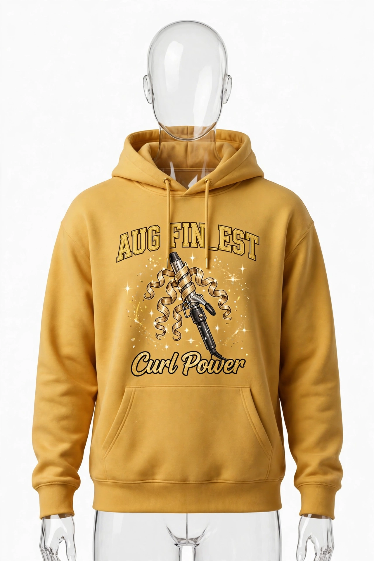 Gold Aug Fin_Est hair salon hoodie with a curling iron and Curl Power lettering