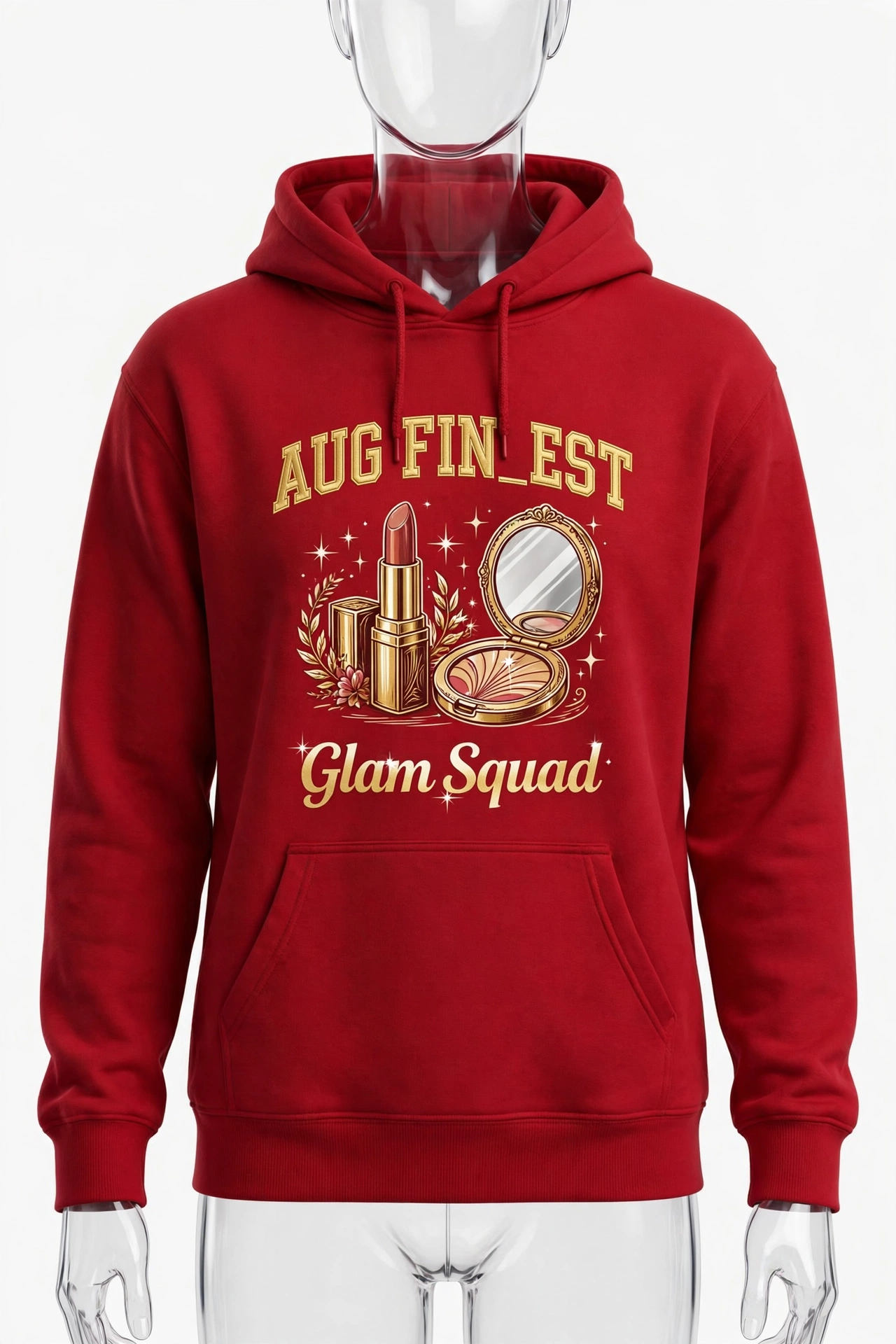 Crimson Aug Fin_Est hair salon hoodie with lipstick, a mirror and Glam Squad lettering