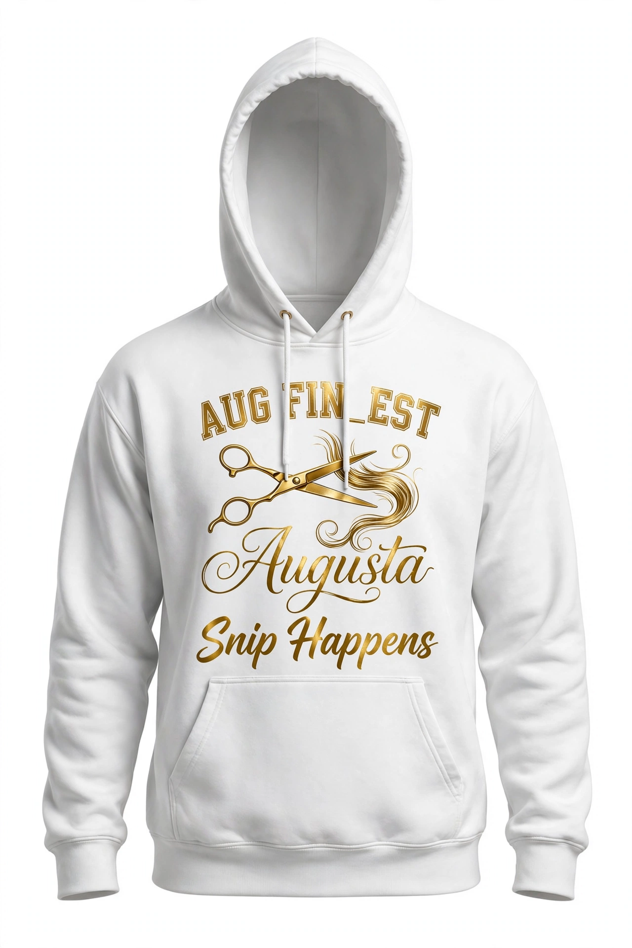 White Aug Fin_Est hair salon hoodie with scissors snipping hair that spells Augusta and Snip Happens lettering