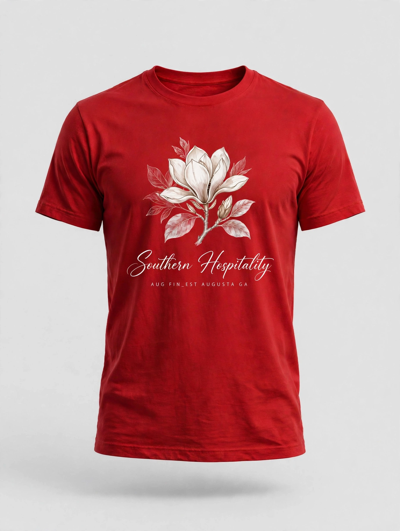 Red Aug Fin_Est T-shirt with a white magnolia and Southern Hospitality script