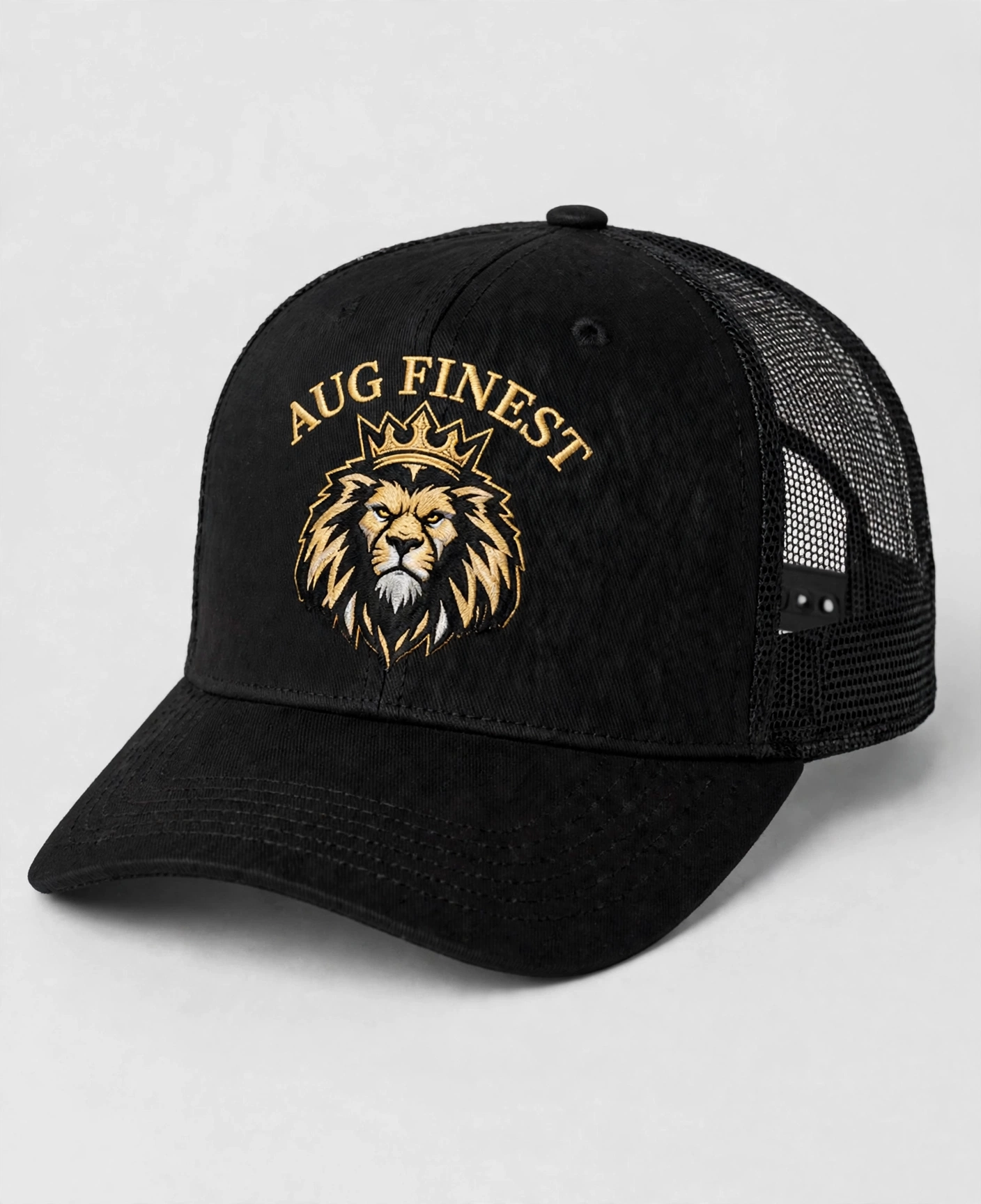 Black mesh-back Aug Fin_Est trucker hat with arched Aug Fin_Est lettering and a gold lion