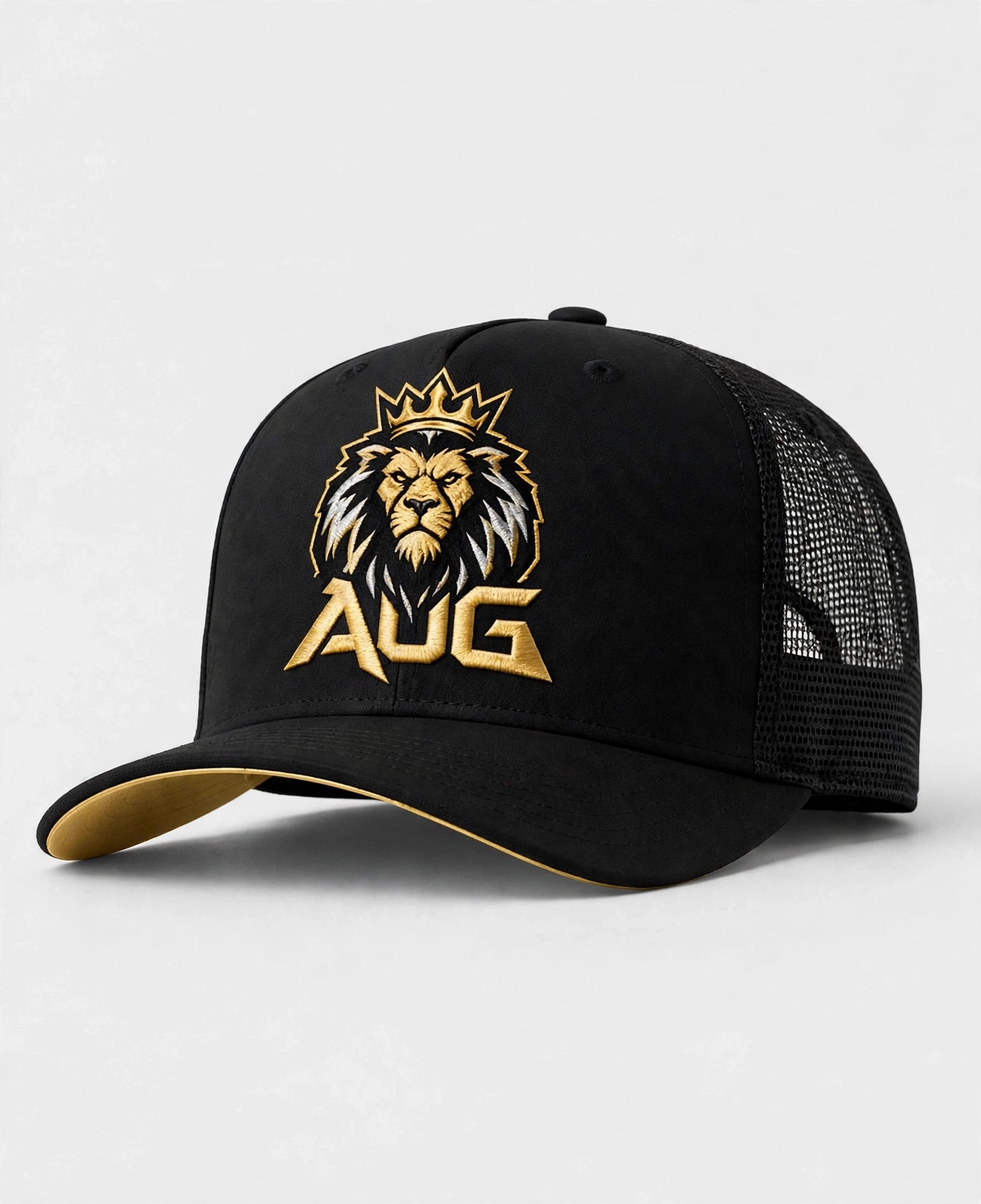 Black mesh-back Aug Fin_Est trucker hat with a gold crowned lion and AUG lettering