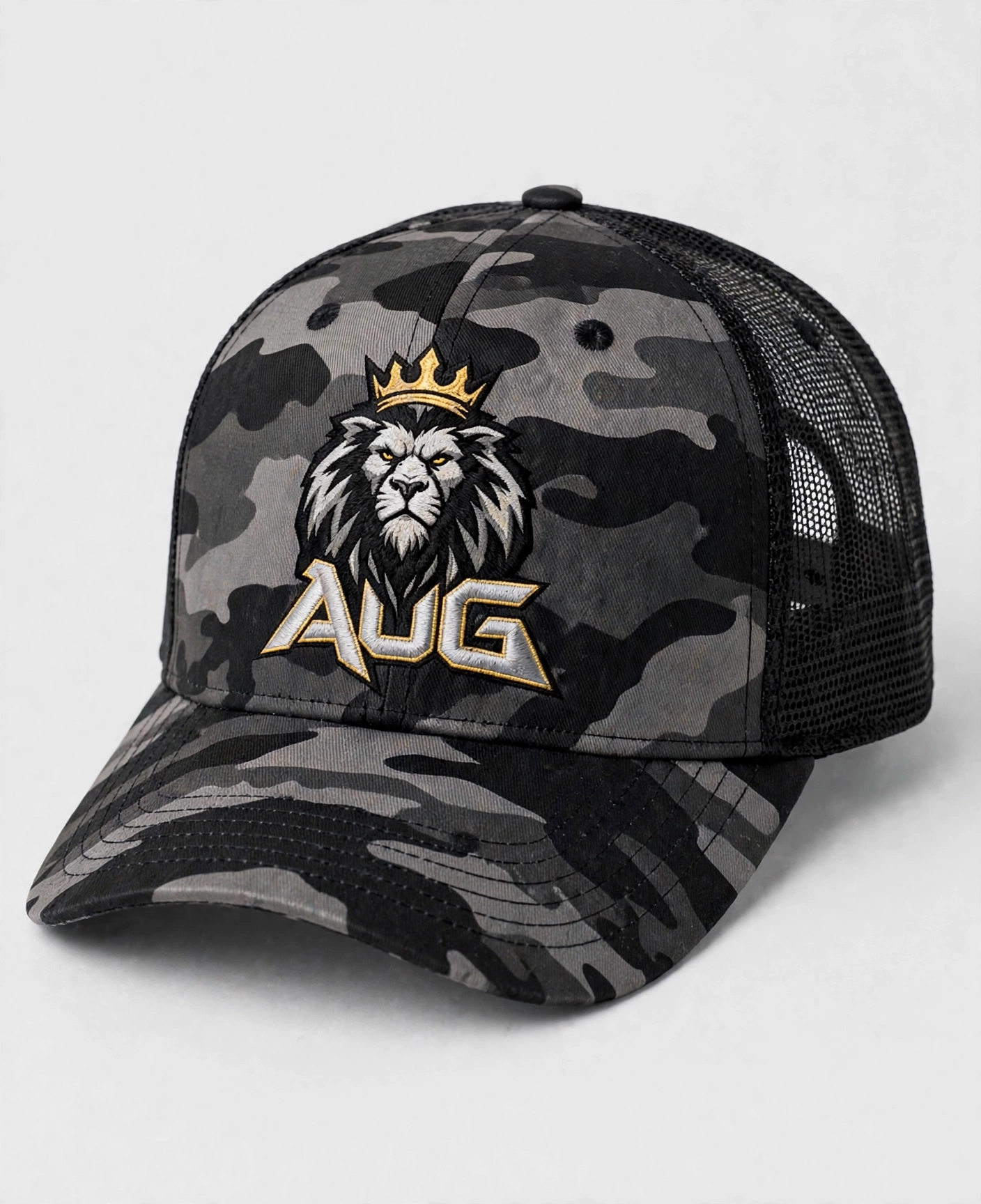 Camouflage mesh-back Aug Fin_Est trucker hat with a gold lion and AUG lettering