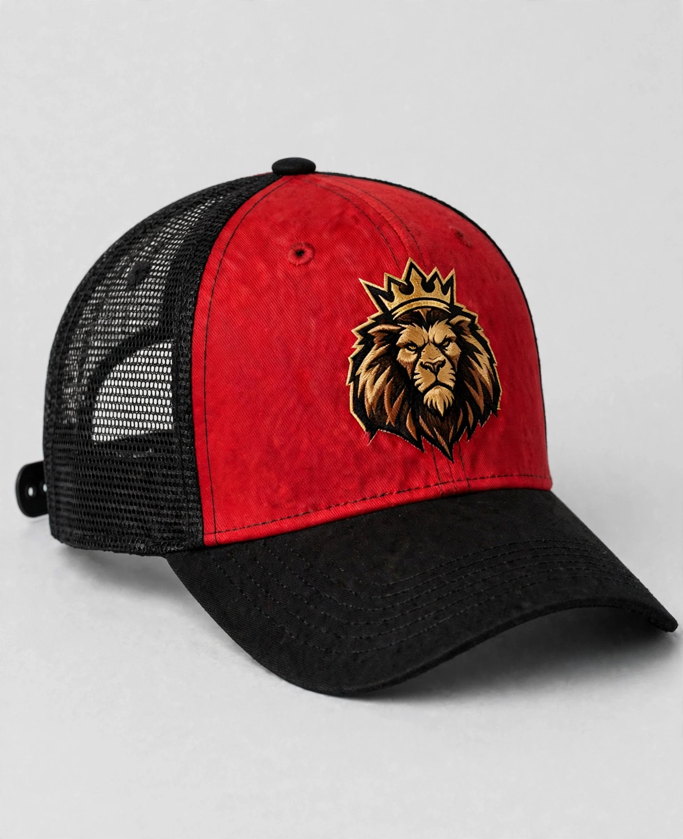 Red and black mesh-back Aug Fin_Est trucker hat with a gold lion emblem