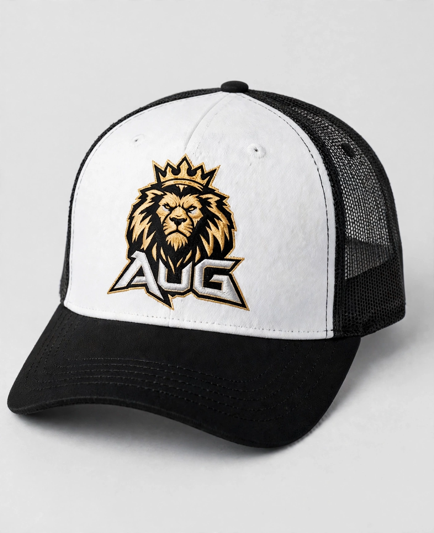 White and black mesh-back Aug Fin_Est trucker hat with a gold lion and AUG lettering