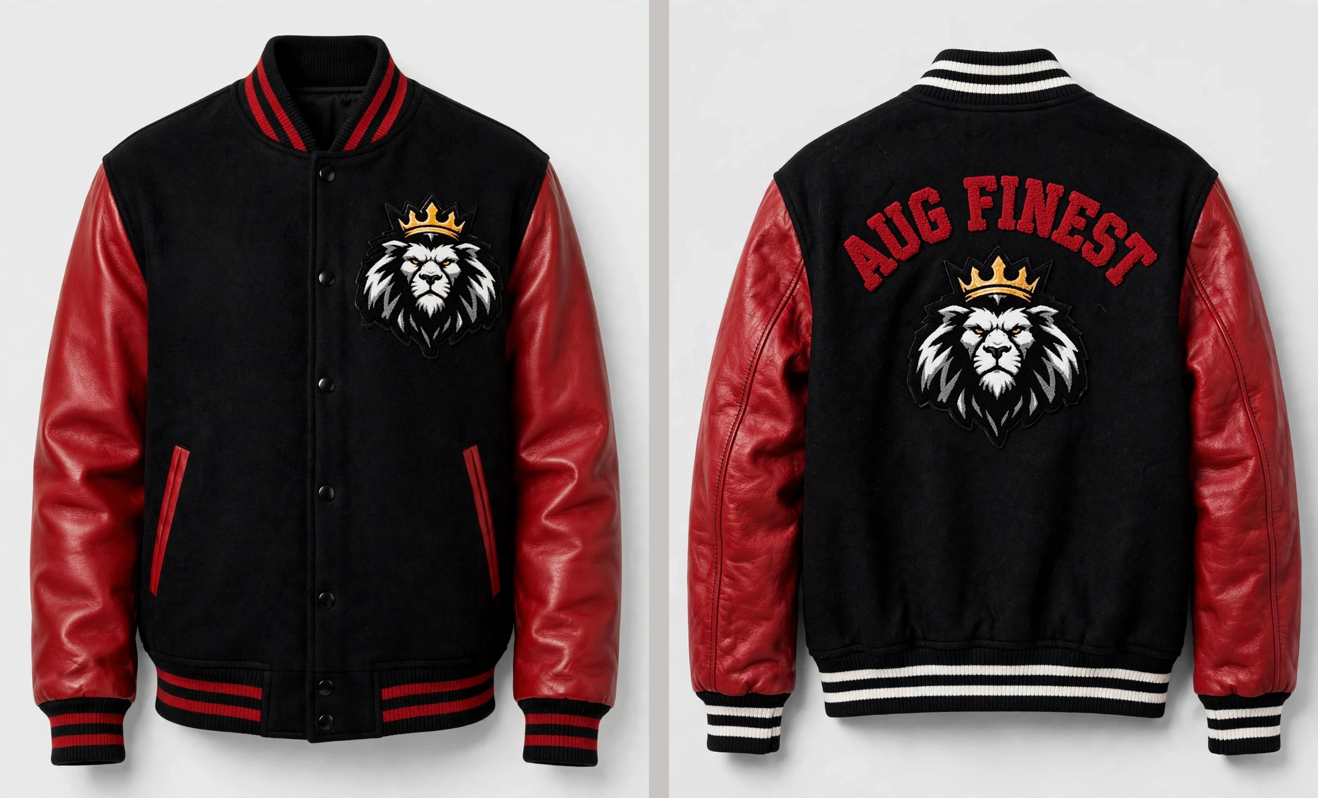 Front and back views of the black and red Aug Fin_Est varsity jacket concept with crowned lion emblems