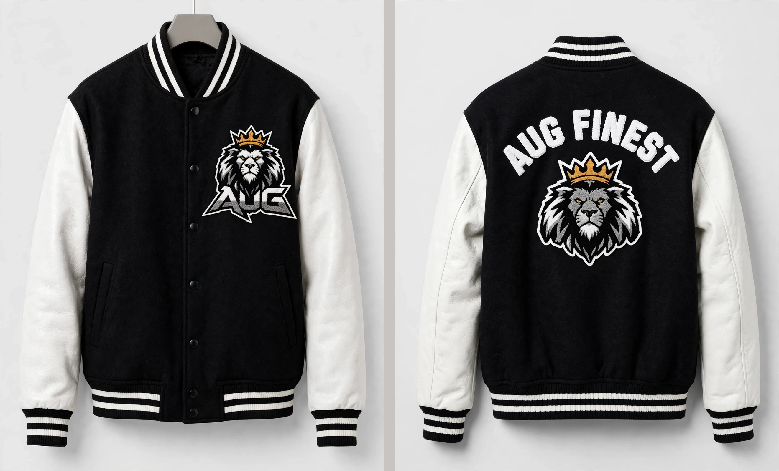 Front and back views of the black and white Aug Fin_Est varsity jacket concept with crowned lion emblems