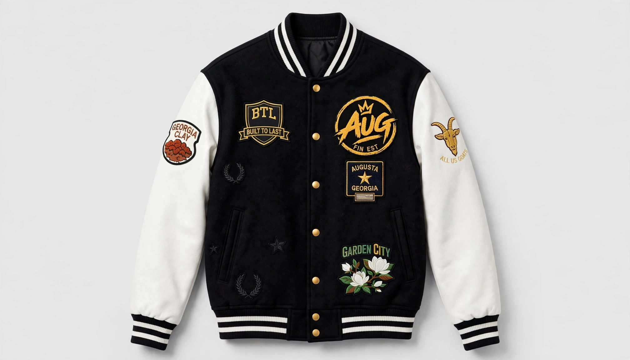 Front of the black and white Aug Fin_Est patchwork varsity jacket concept with collection emblems