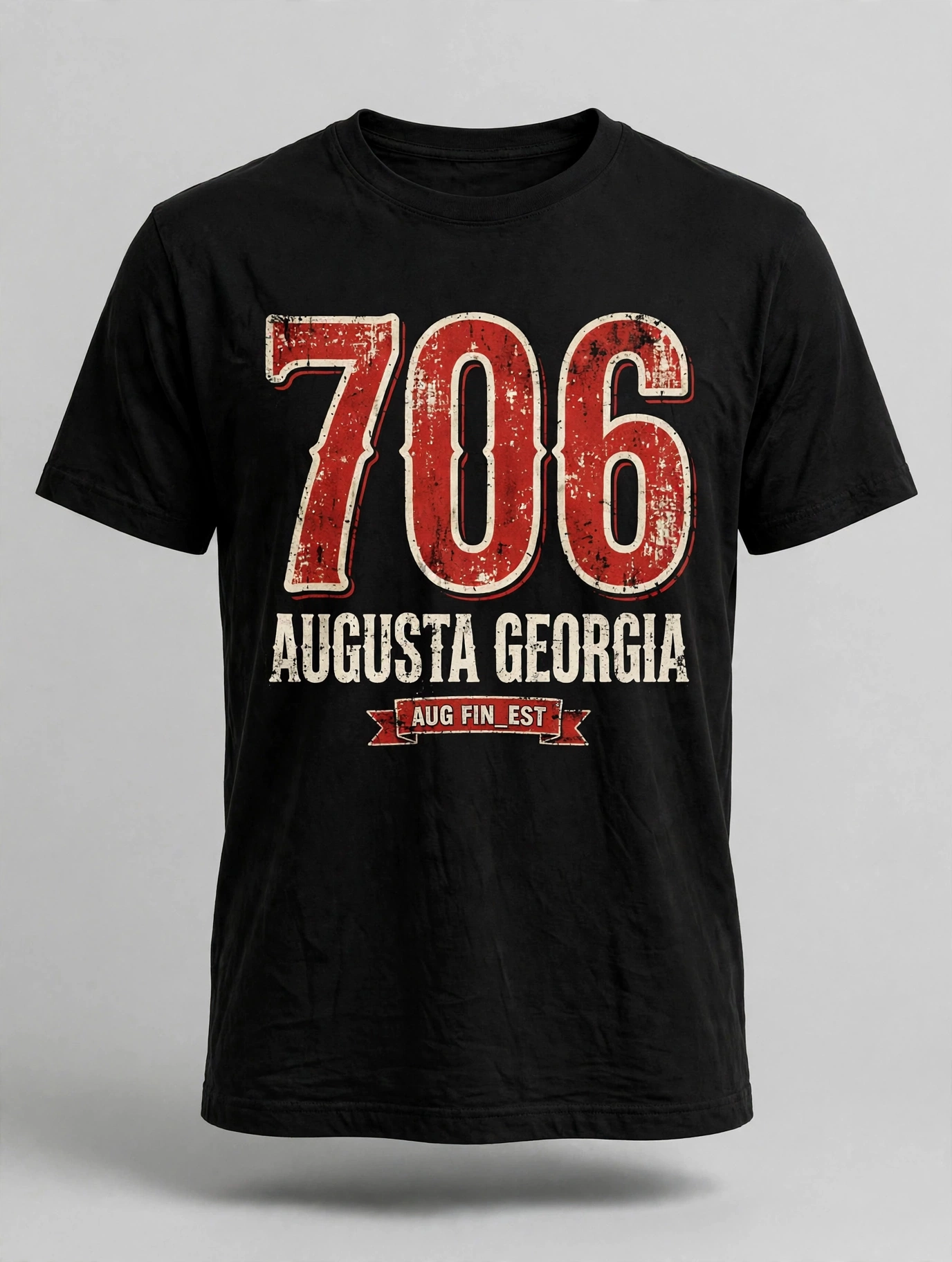 Black Aug Fin_Est T-shirt with a distressed red 706 and Augusta Georgia lettering