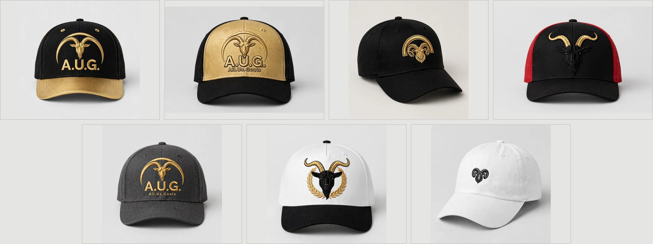 A.U.G. fitted cap collection showing all seven black, gold, charcoal, white and red designs together