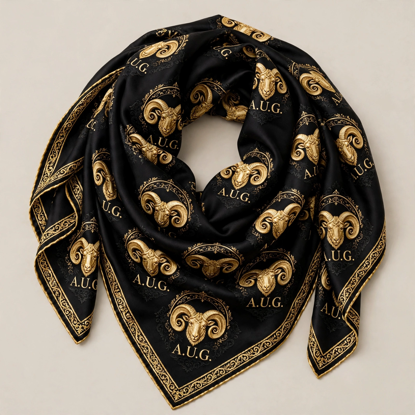 Black satin A.U.G. head scarf with a repeating gold ram monogram and ornate border