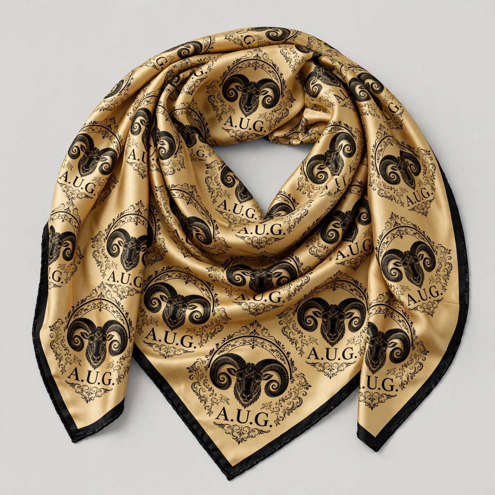 Gold satin A.U.G. head scarf with a repeating black ram monogram and black border