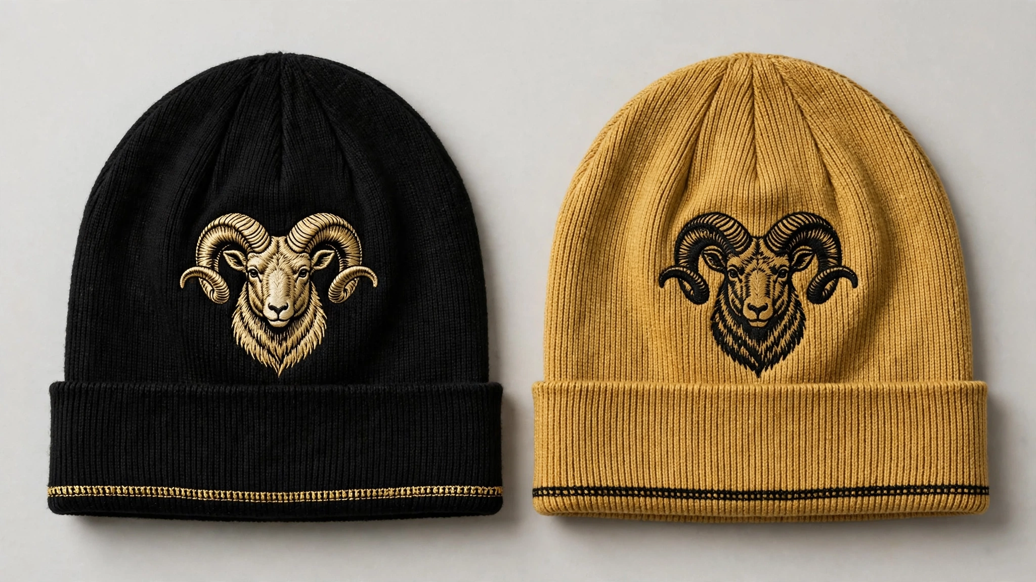 Black and gold A.U.G. rib-knit skullies with embroidered ram crests