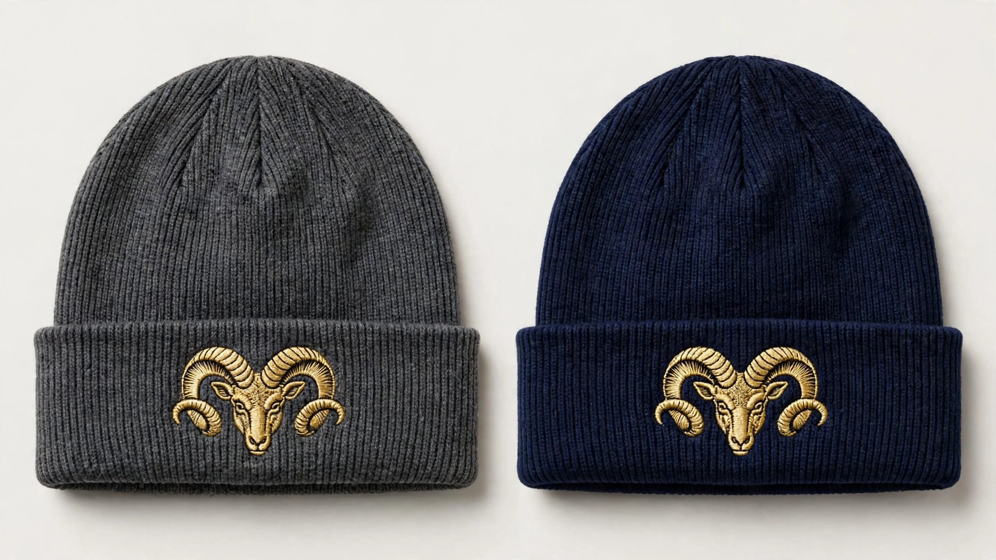 Charcoal and navy A.U.G. rib-knit skullies with embroidered gold ram crests