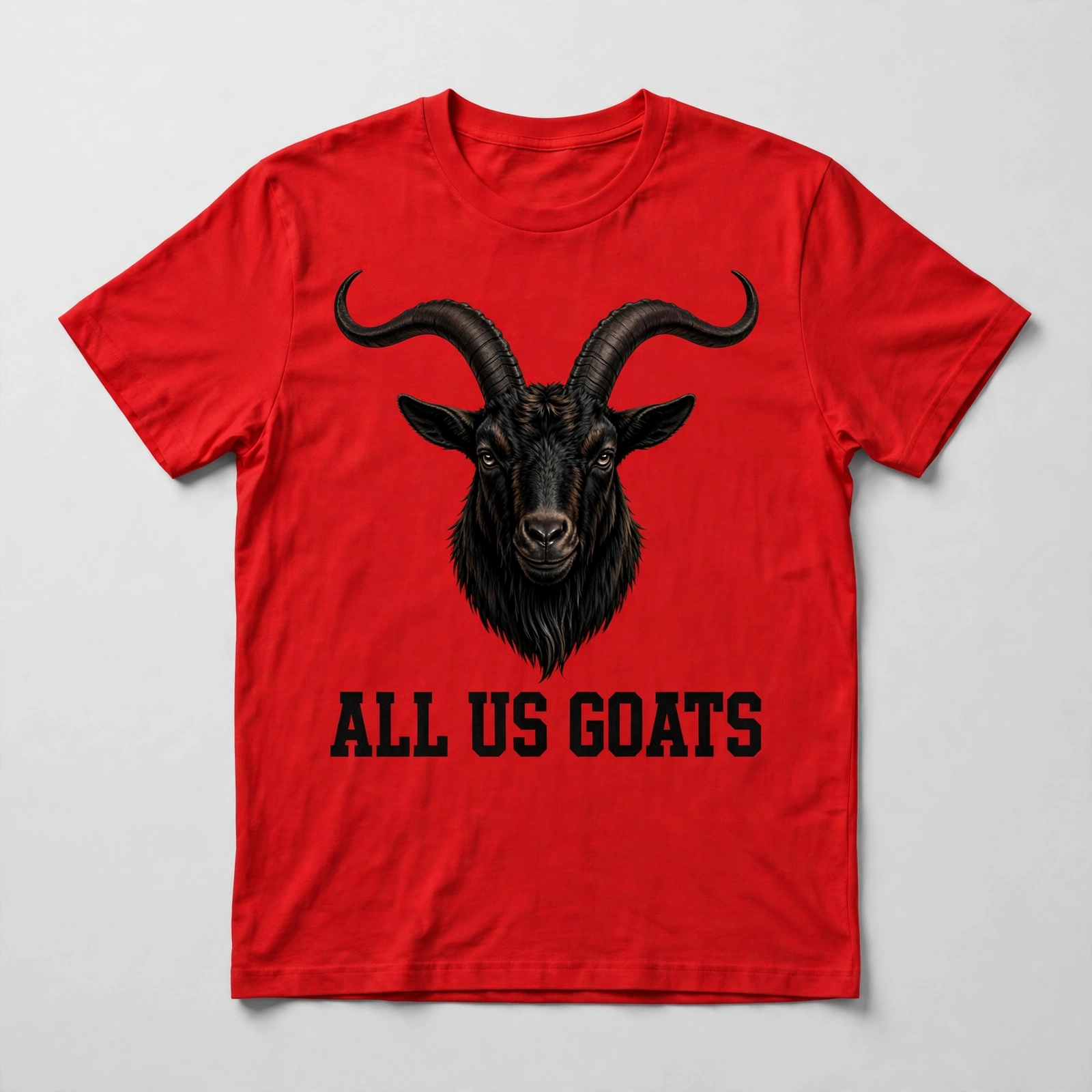 Red All Us Goats T-shirt with a realistic black goat and bold black lettering