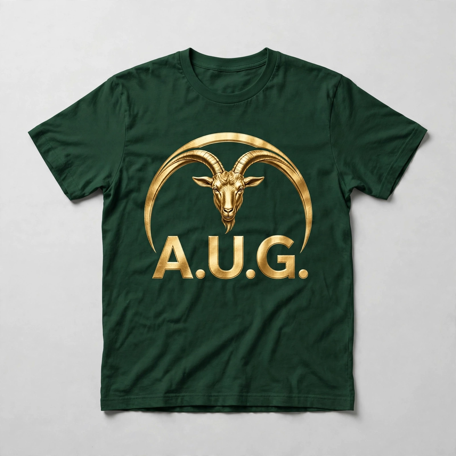 Forest green A.U.G. T-shirt with a polished gold goat crest and A.U.G. lettering