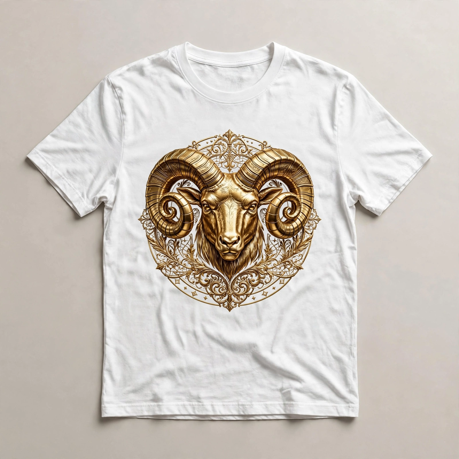 White T-shirt with a ram portrait inside an ornate gold frame