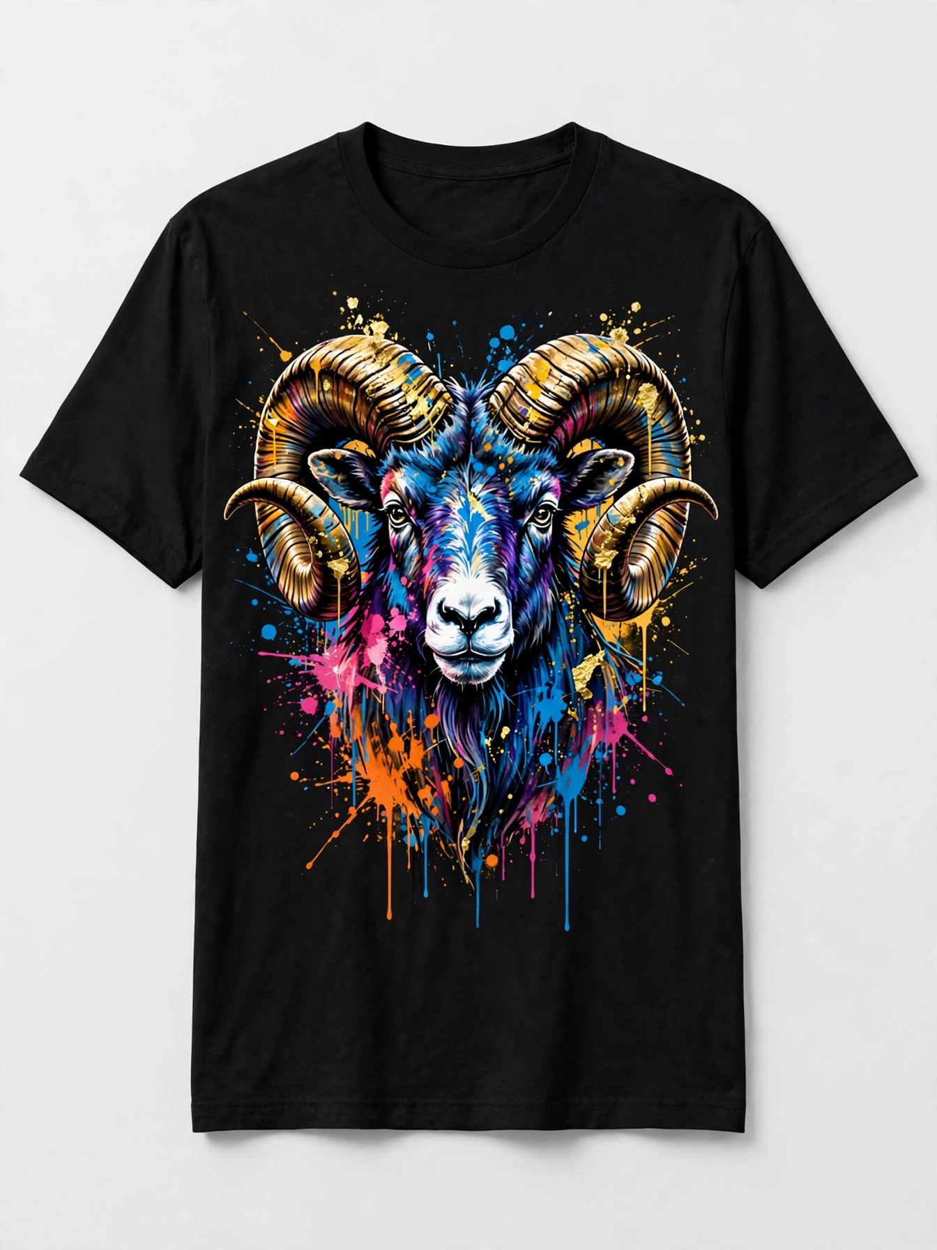 Black T-shirt with a large multicolor graffiti-style ram portrait front and center