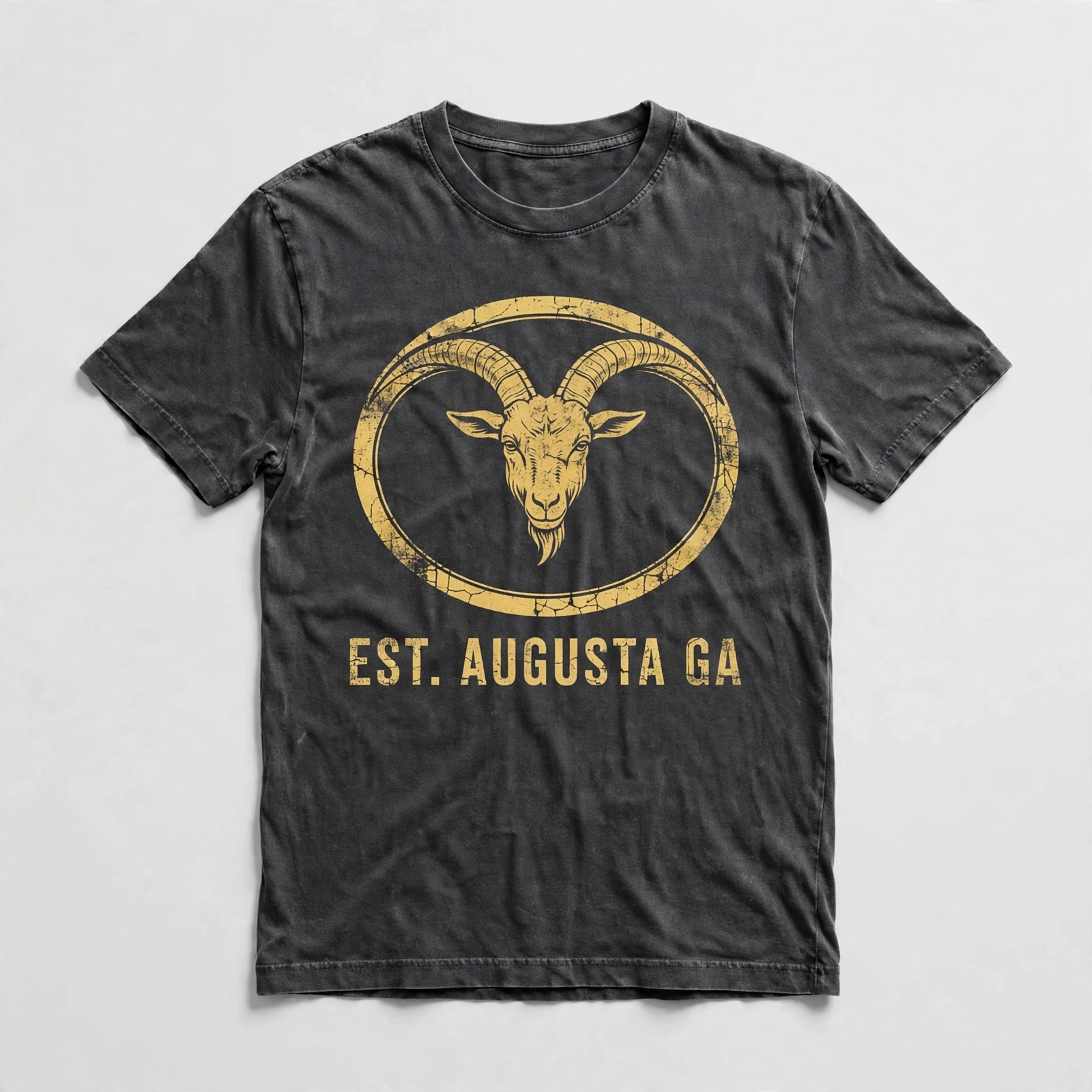 Washed charcoal A.U.G. T-shirt with a distressed gold goat emblem and Augusta Georgia lettering