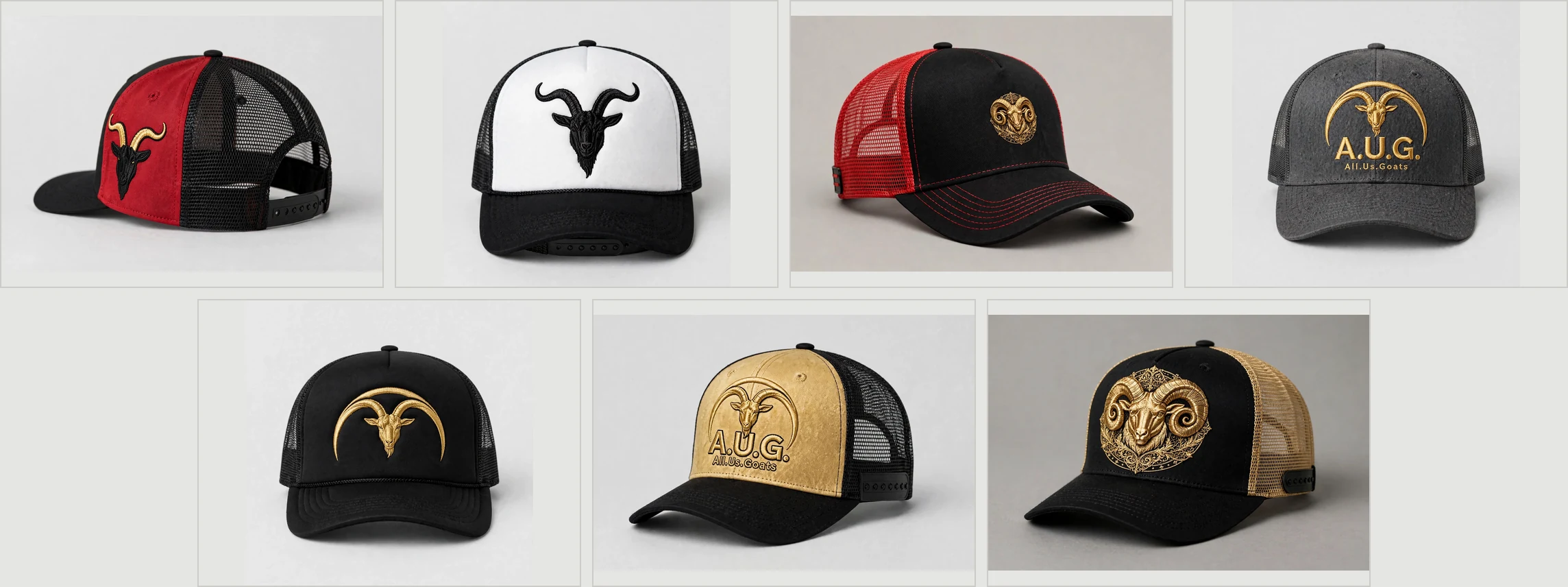 A.U.G. trucker cap collection showing all seven black, gold, charcoal, white and red mesh-back designs together