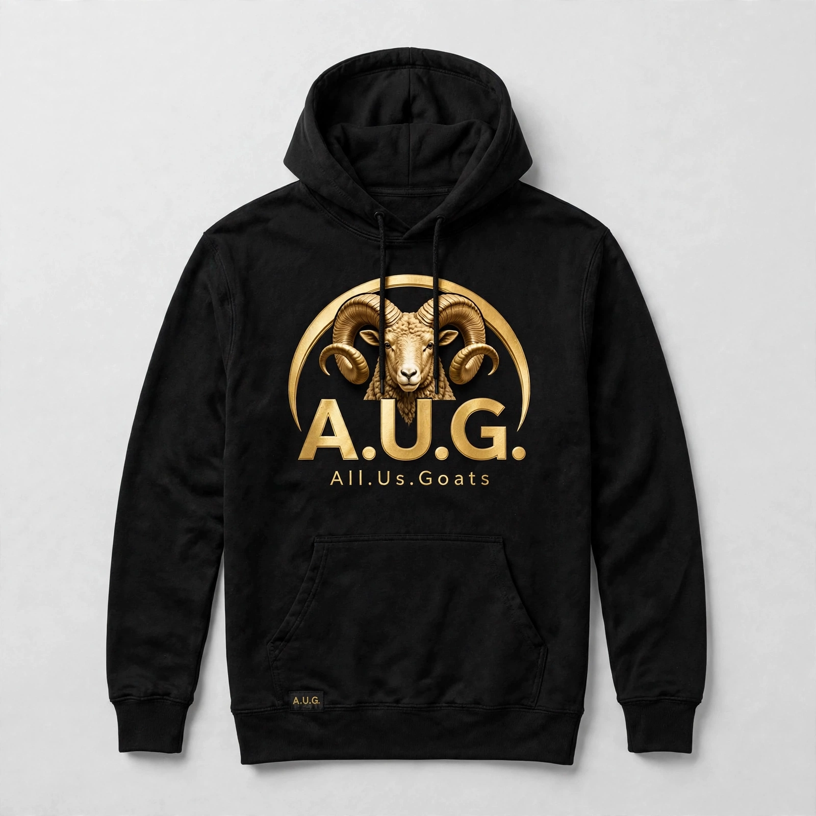 A.U.G. version one black hoodie with a gold ram head in an arch