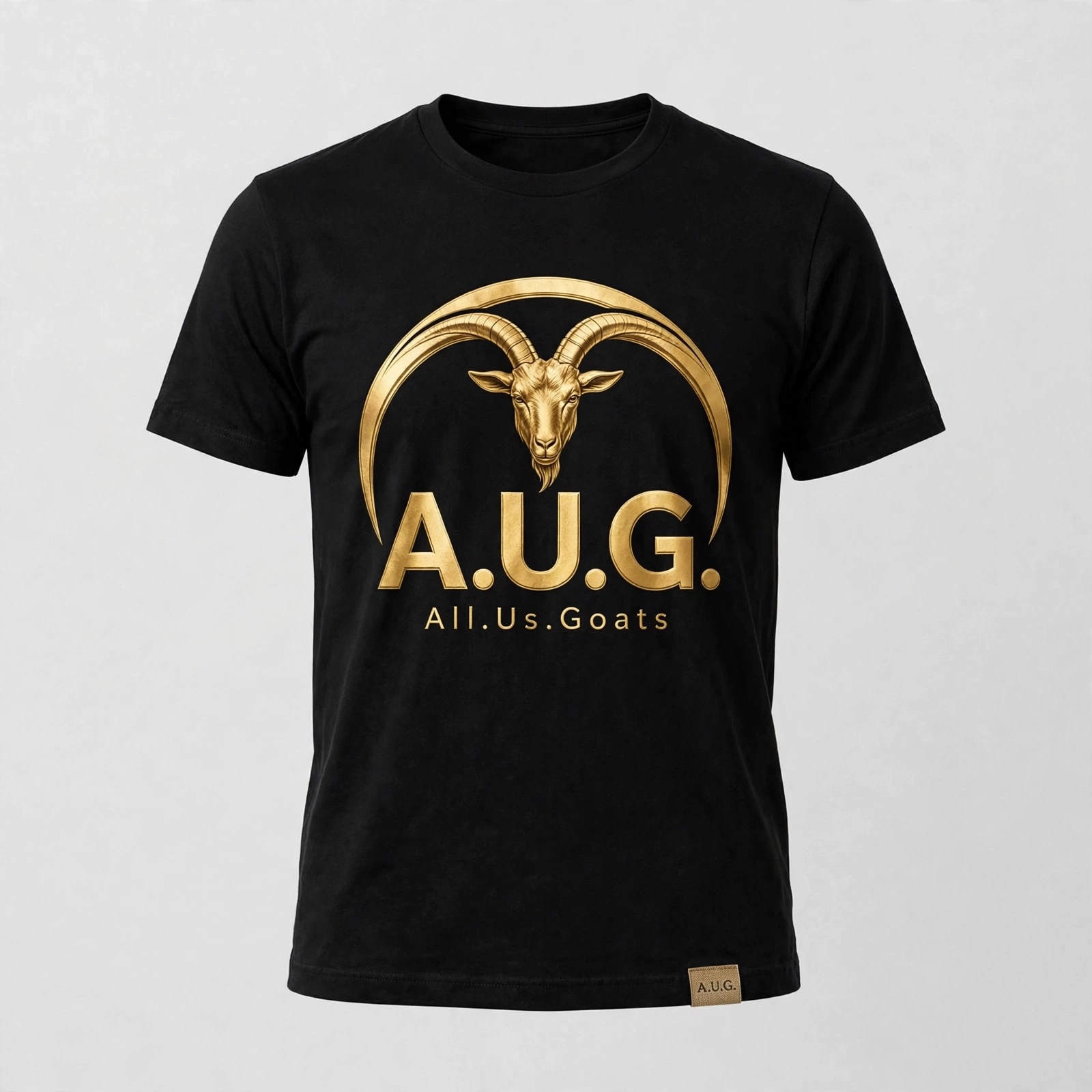 Black A.U.G. version one T-shirt with gold goat-head logo