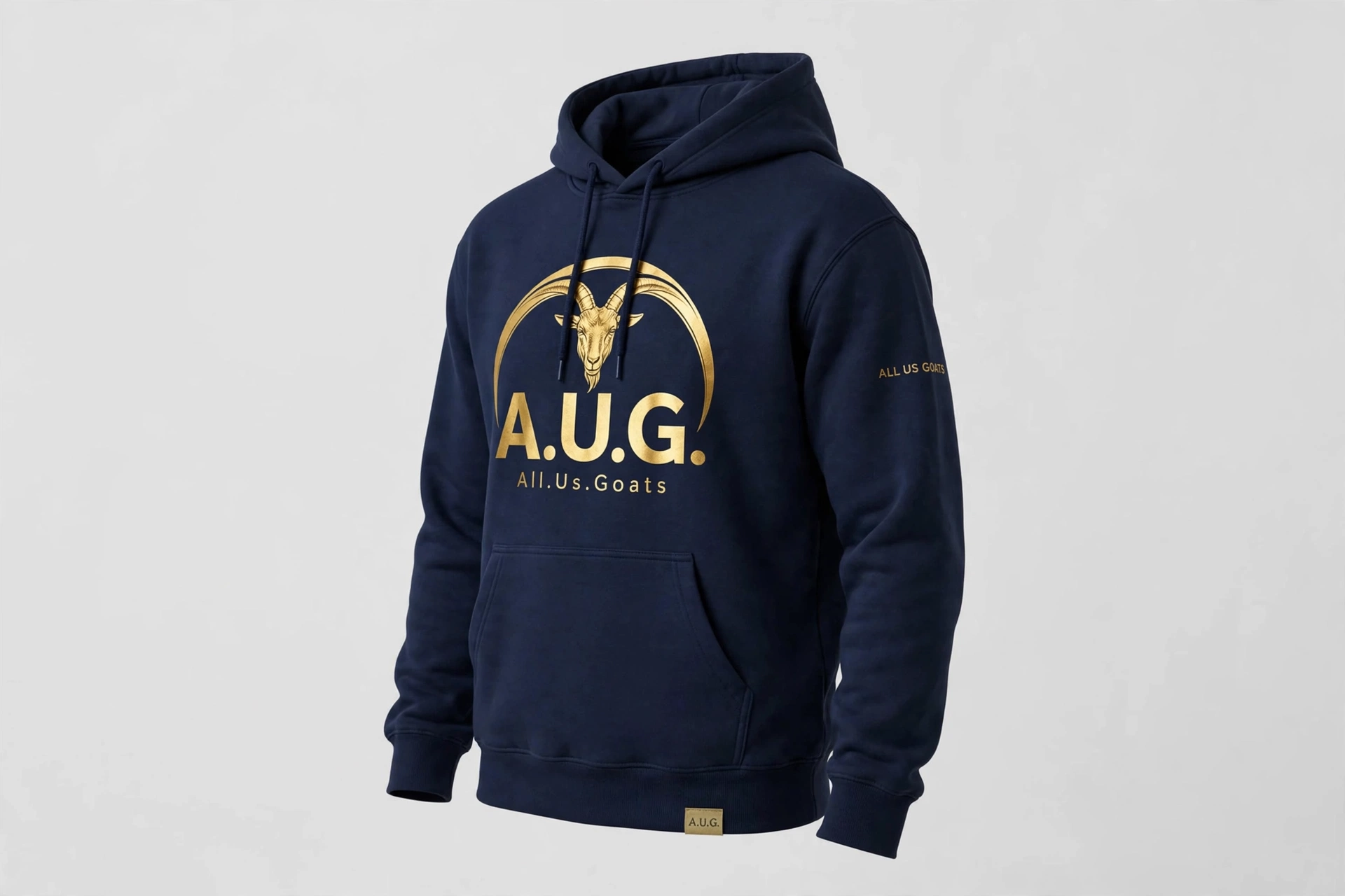 A.U.G. version one navy hoodie with All Us Goats sleeve lettering
