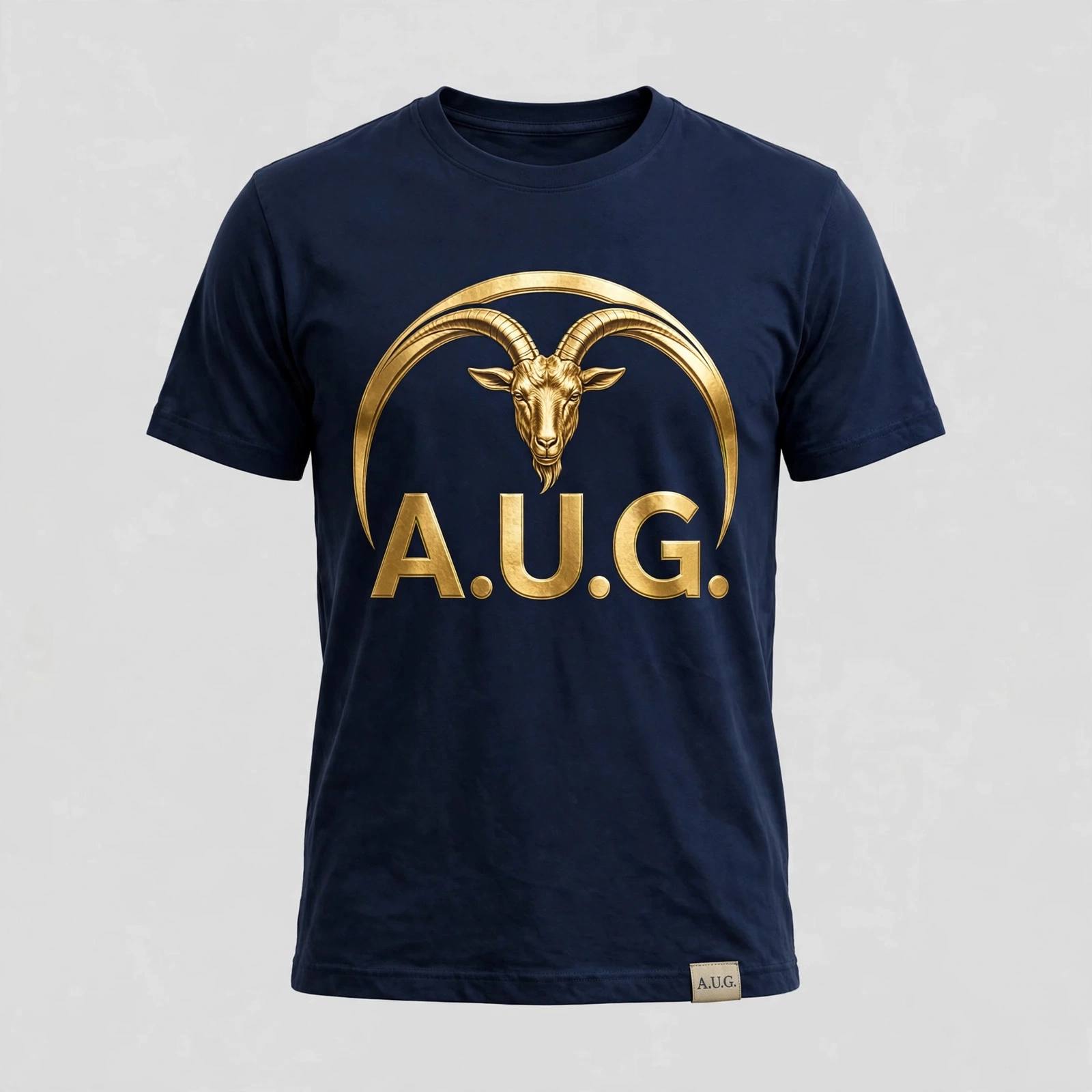Navy A.U.G. version one T-shirt with gold goat-head logo