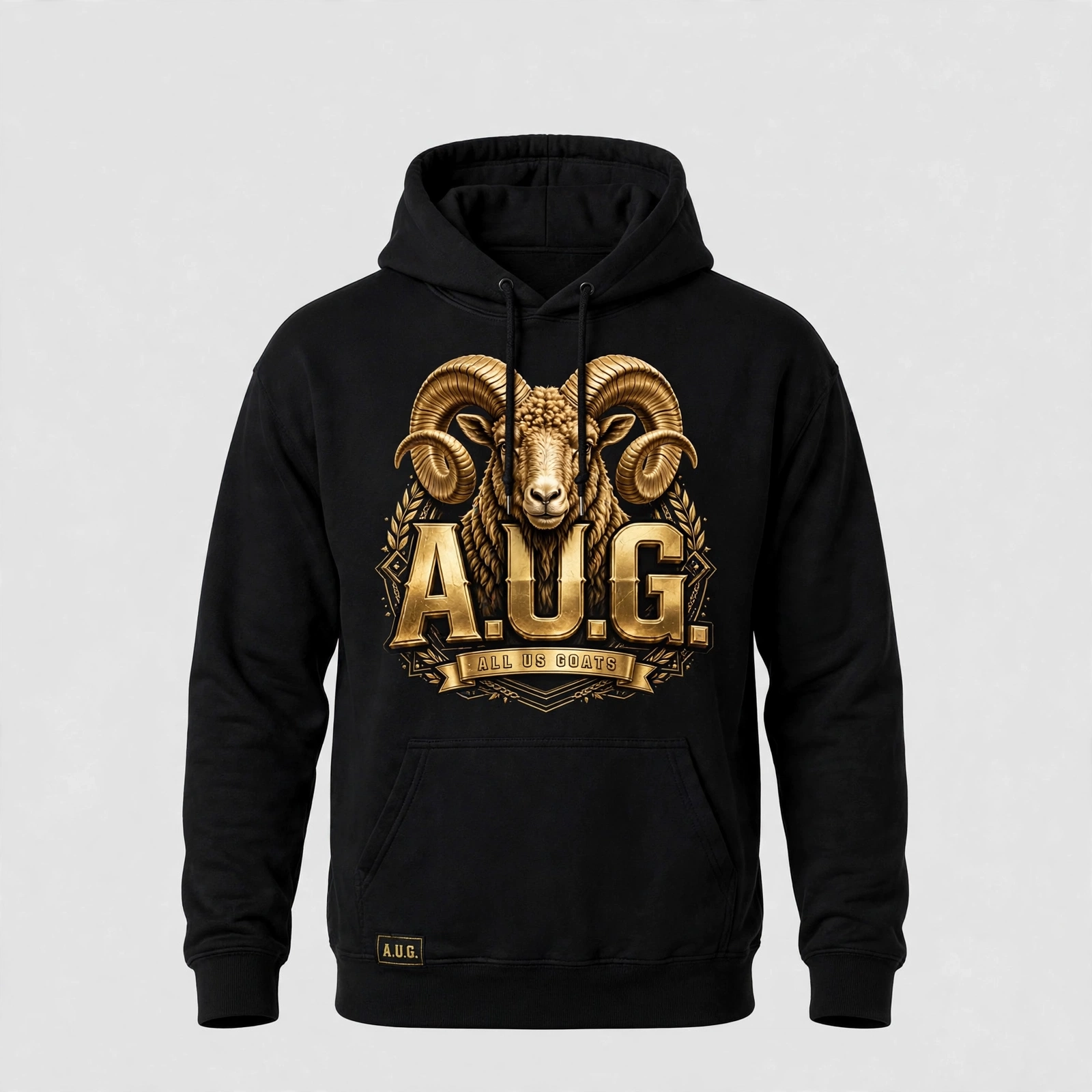 Black A.U.G. signature hoodie with an ornate gold ram crest and All Us Goats lettering