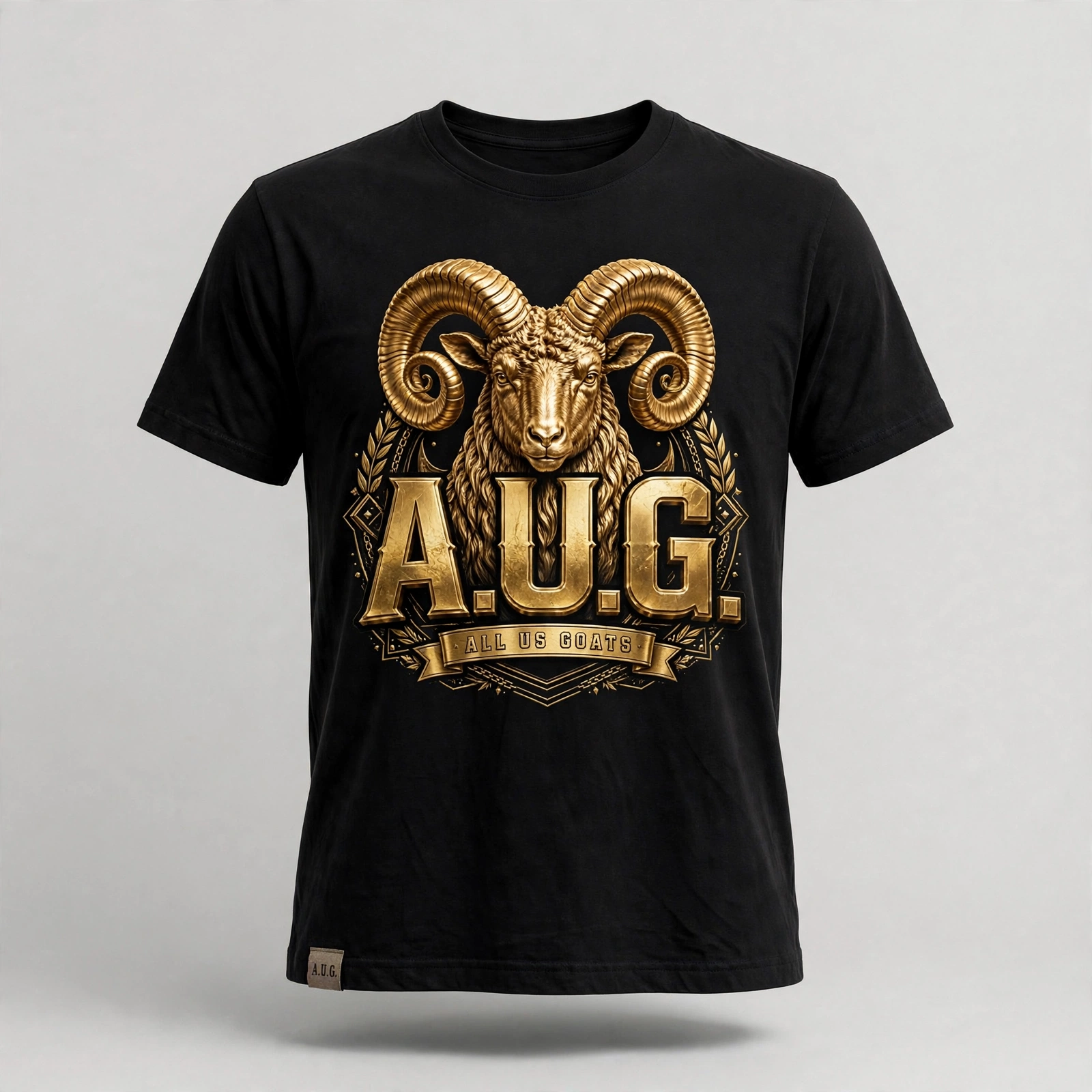 Black A.U.G. version two T-shirt with detailed gold ram crest