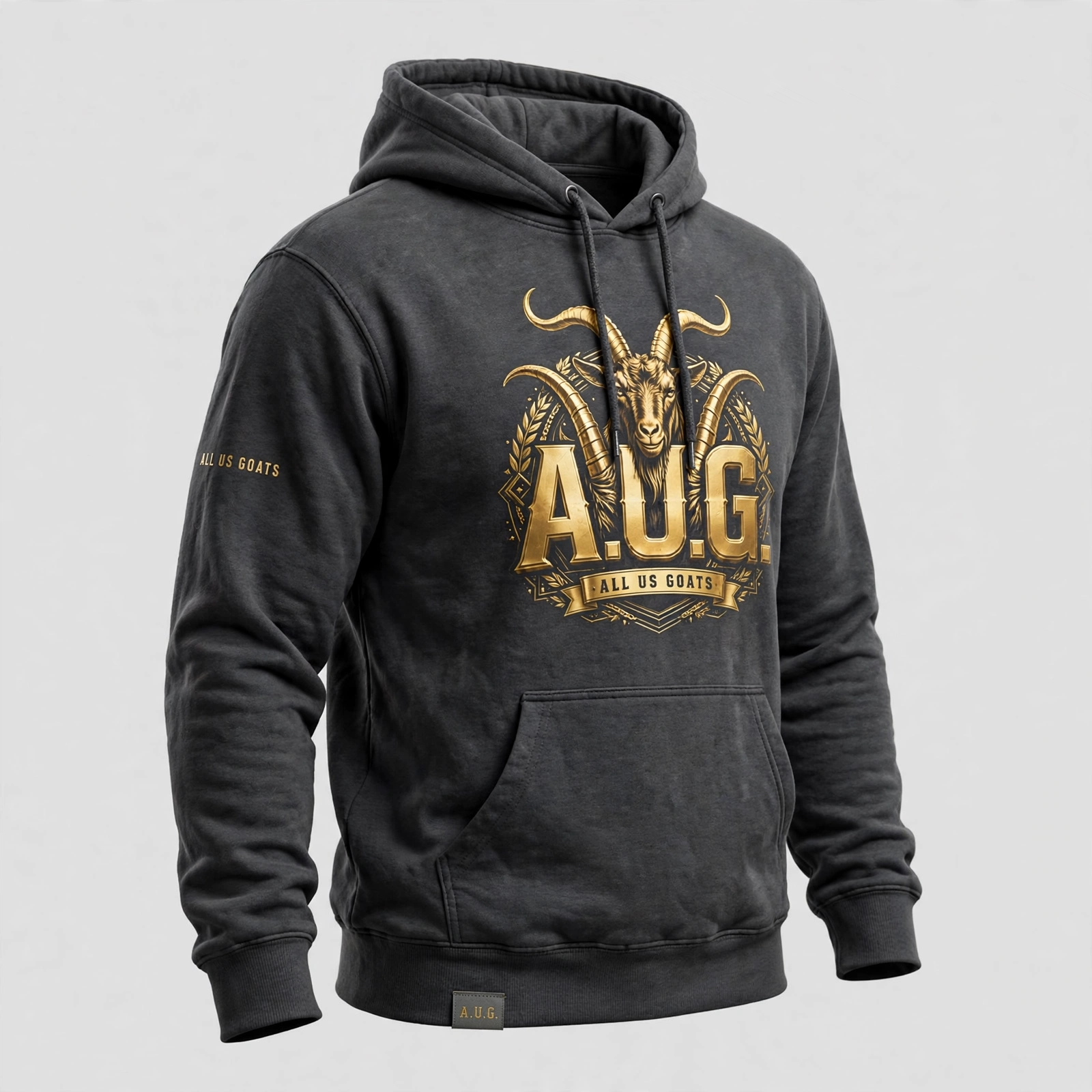 A.U.G. version two charcoal hoodie with All Us Goats sleeve lettering